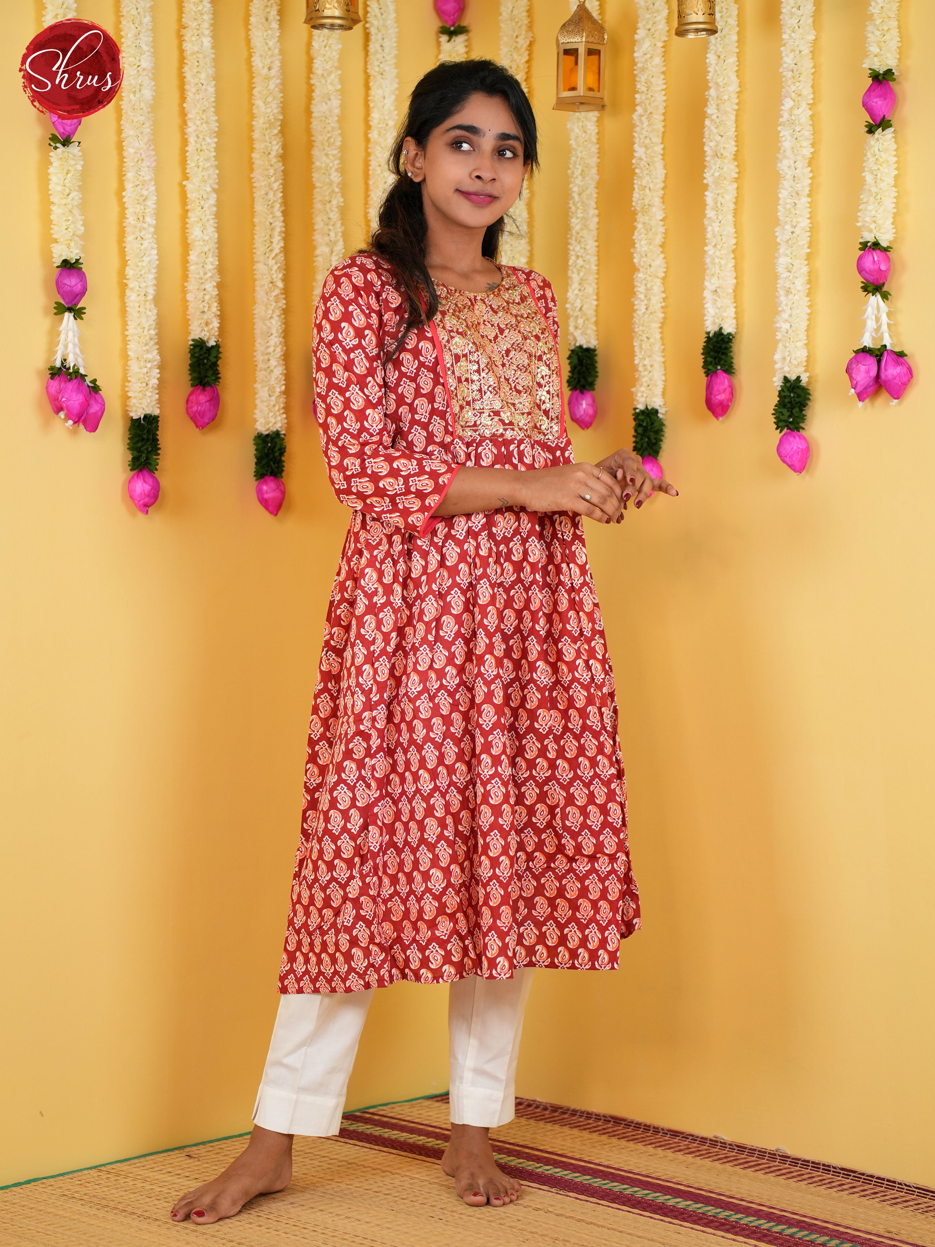 Red  -Floral printed Anarkali Readymade Kurti - Shop on ShrusEternity.com