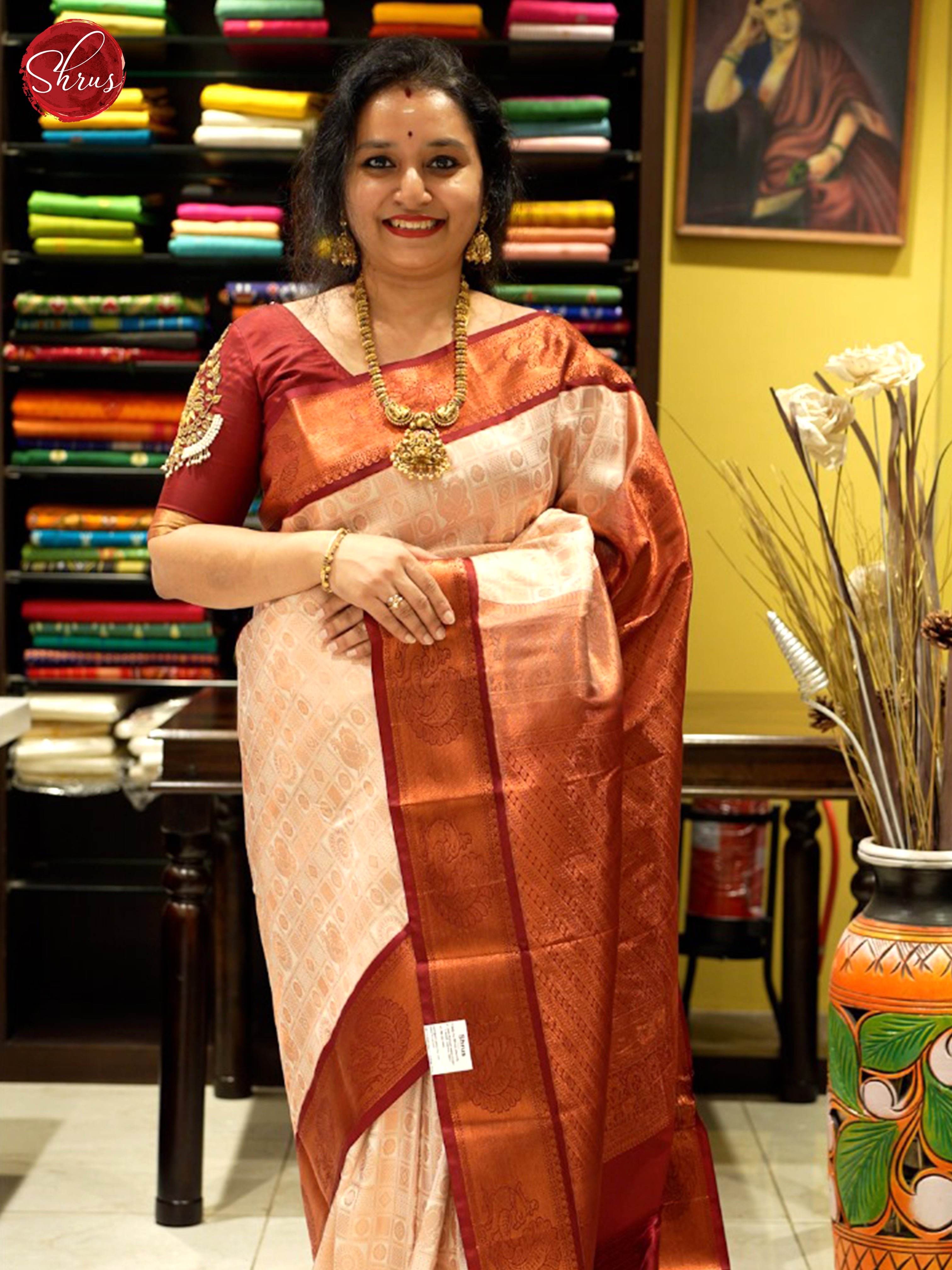 Peach & MAroon - Semi Kanchipuram Saree - Shop on ShrusEternity.com