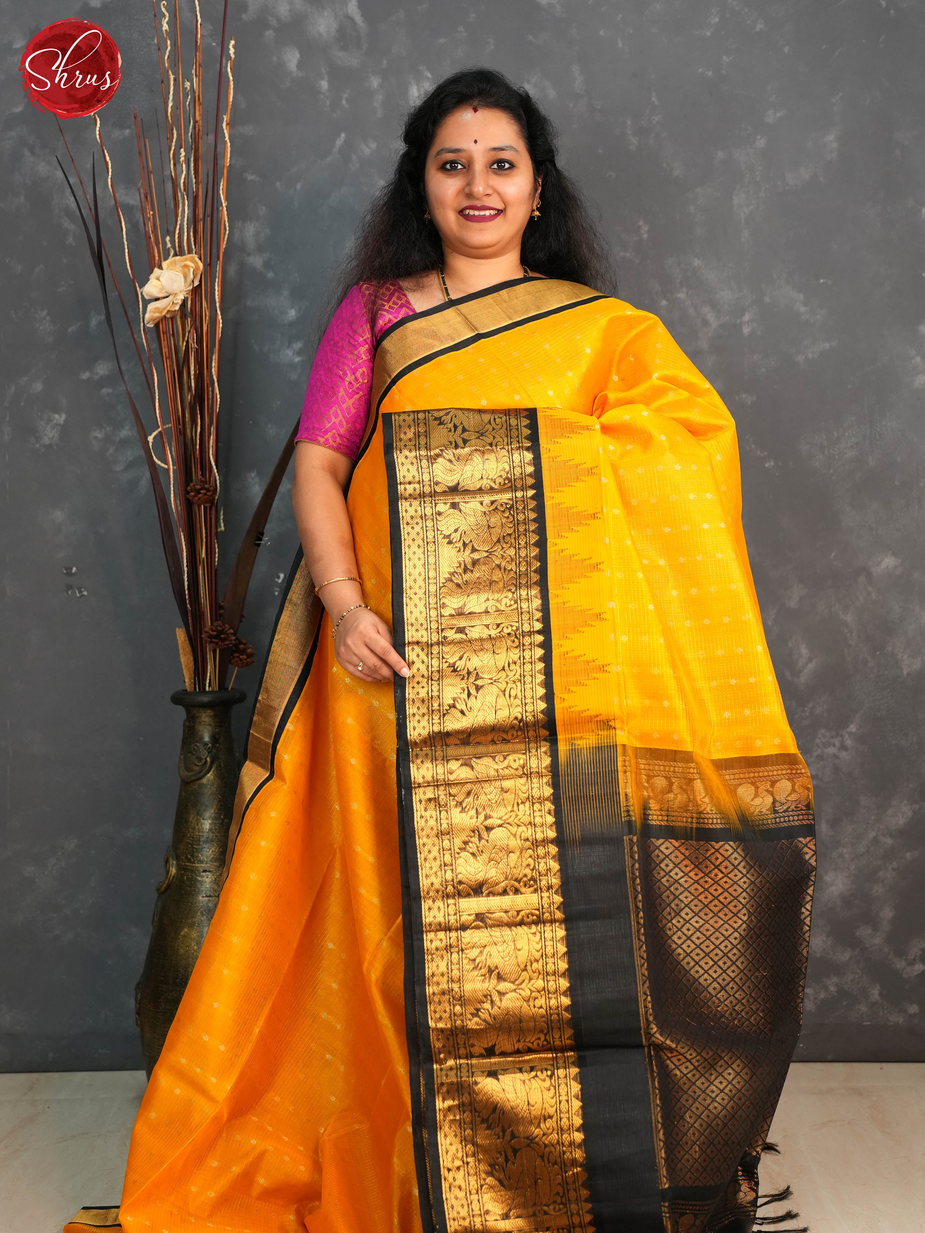 Mustard and Black- Silk Cotton Saree - Shop on ShrusEternity.com