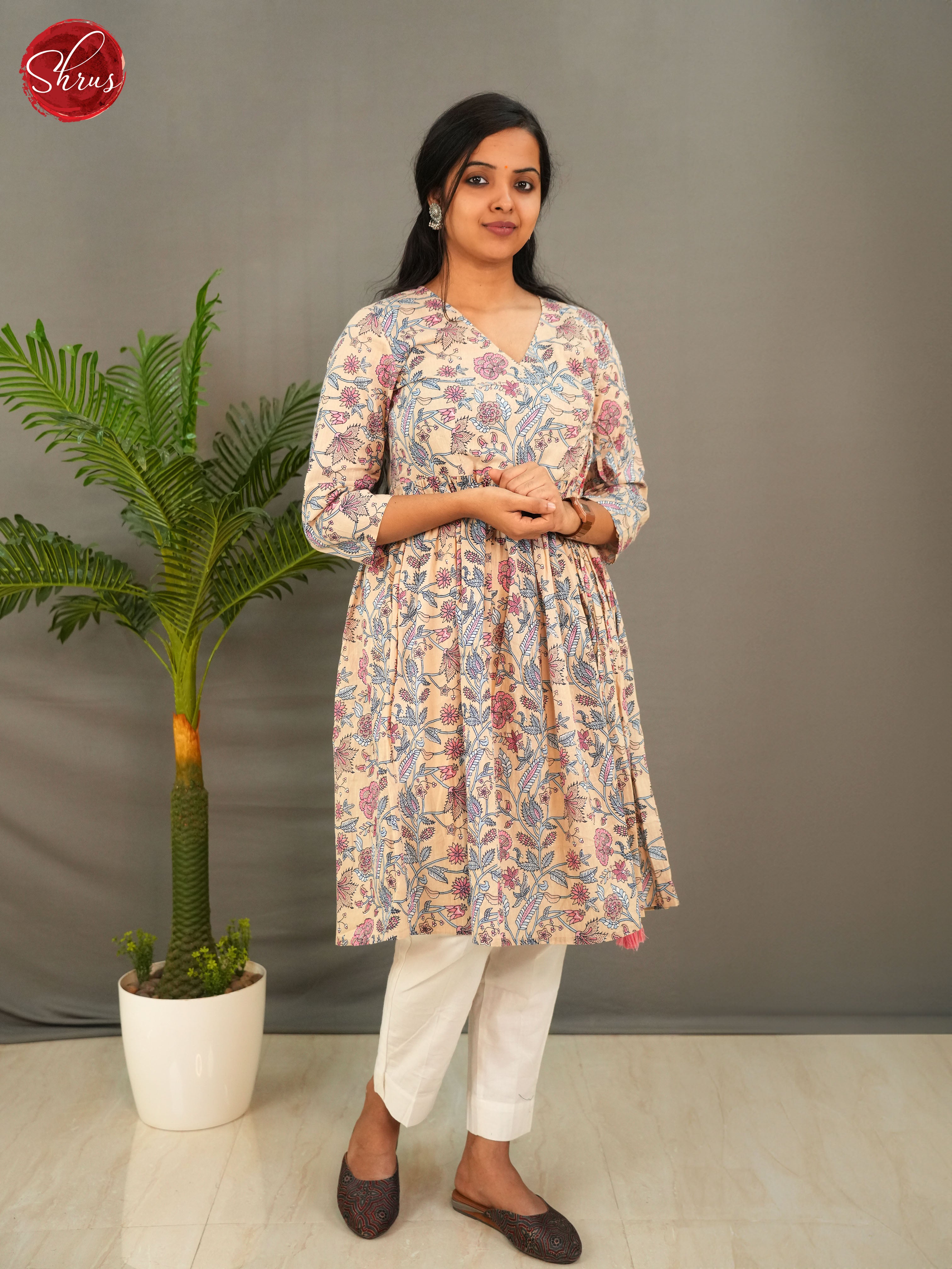 Beige- Floral Printed Anarkali Readymade kurti - Shop on ShrusEternity.com