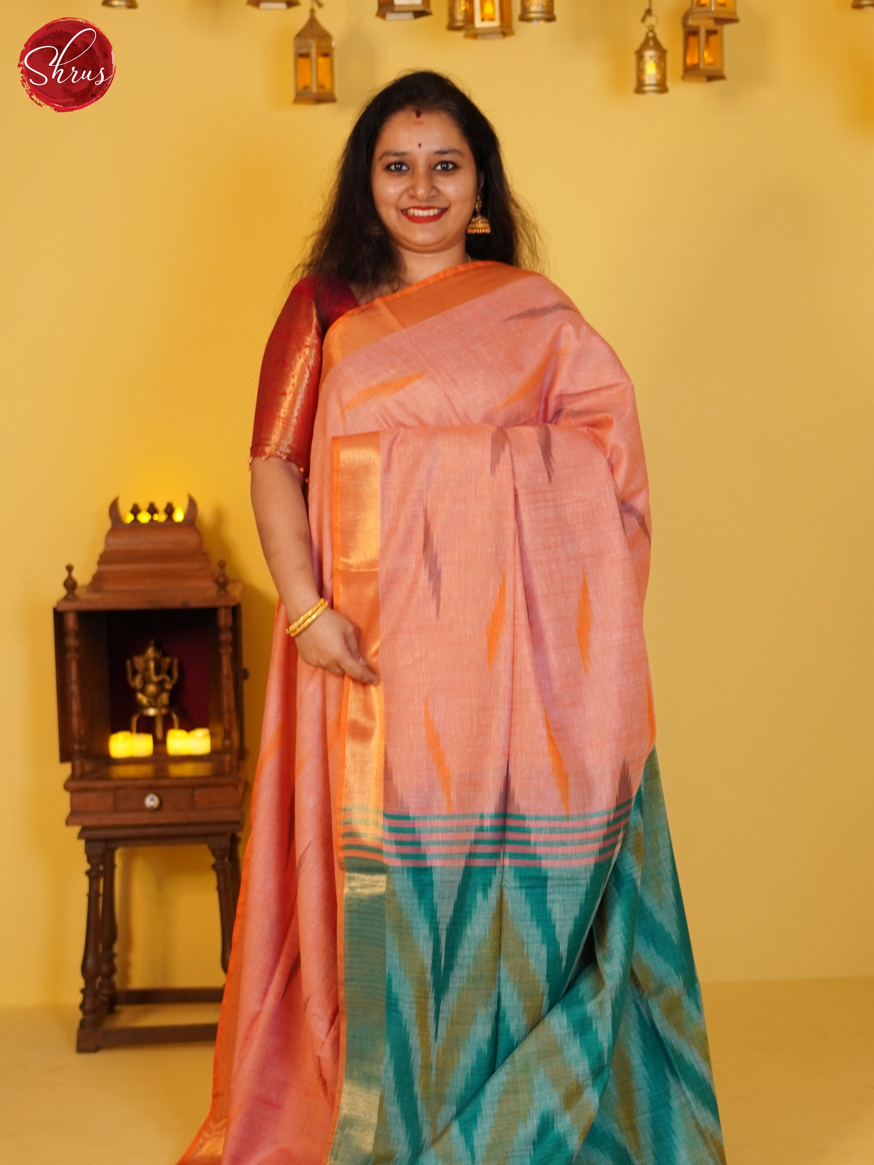 Light pink and green - Semi Ikkat Saree - Shop on ShrusEternity.com