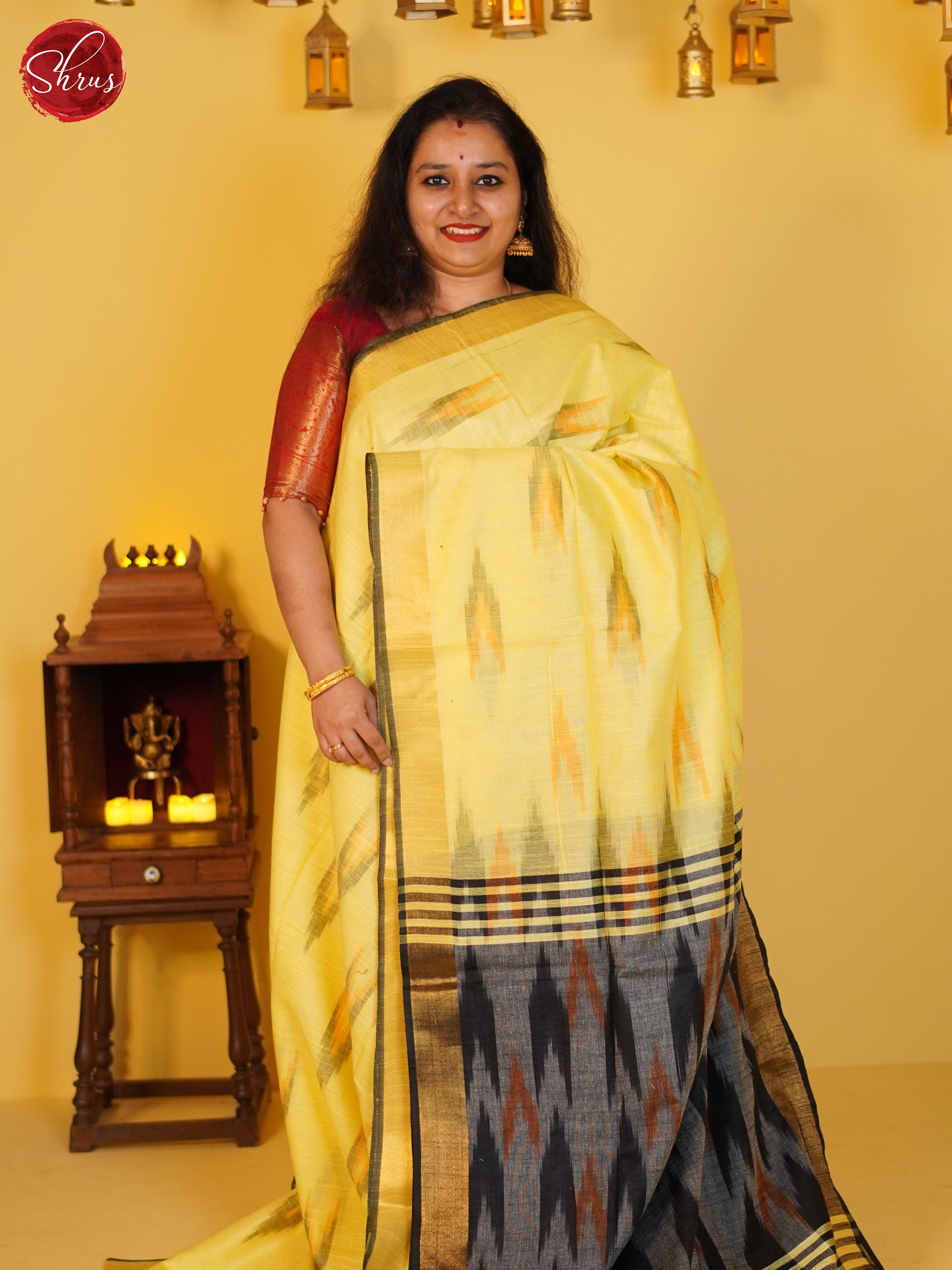 Yellow and Grey- Semi Ikkat Saree - Shop on ShrusEternity.com