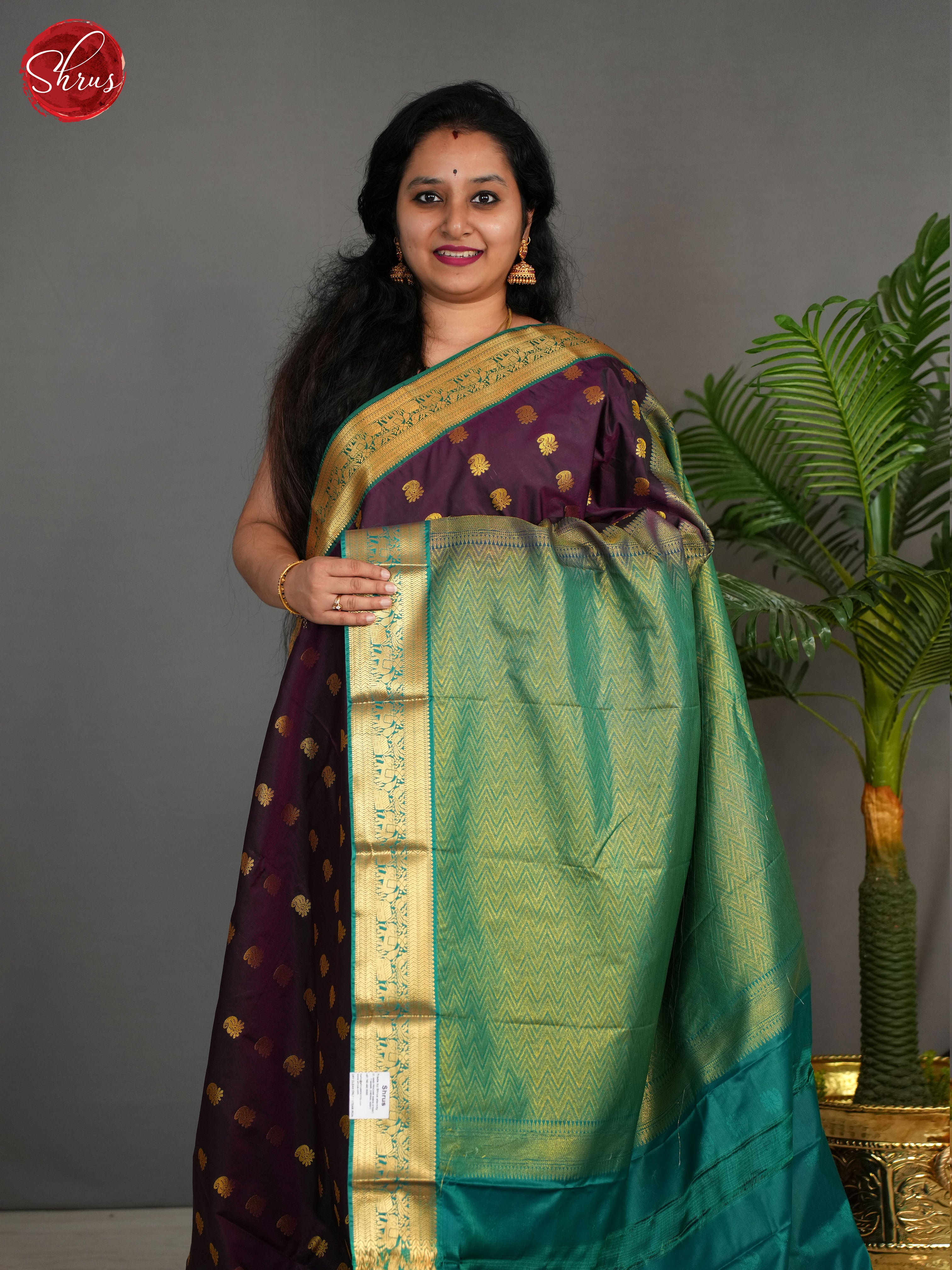 Wine & Green- Semi Kanchipuram Saree - Shop on ShrusEternity.com