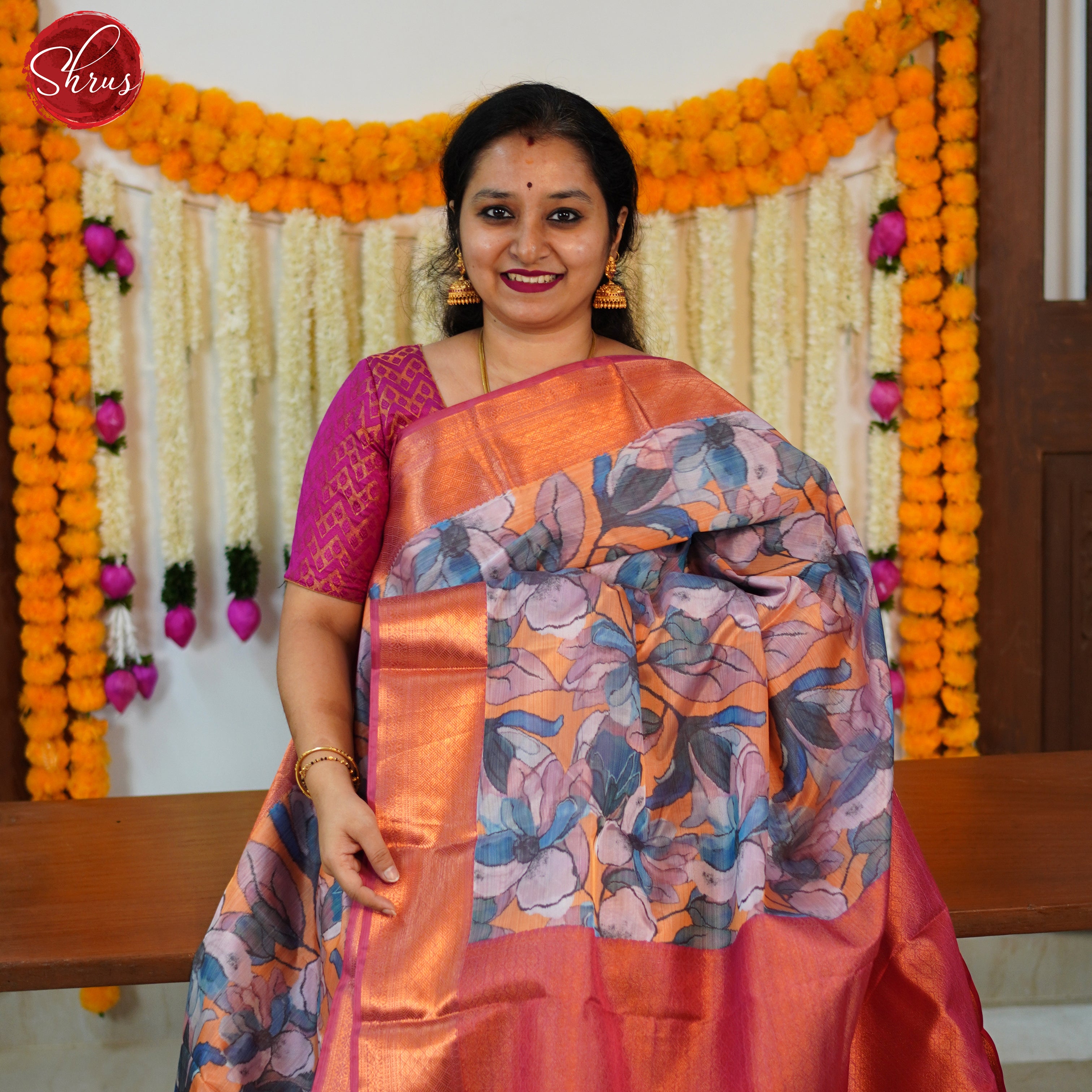 Pale Orange & Pink- Kanchipuram-halfpure Saree - Shop on ShrusEternity.com