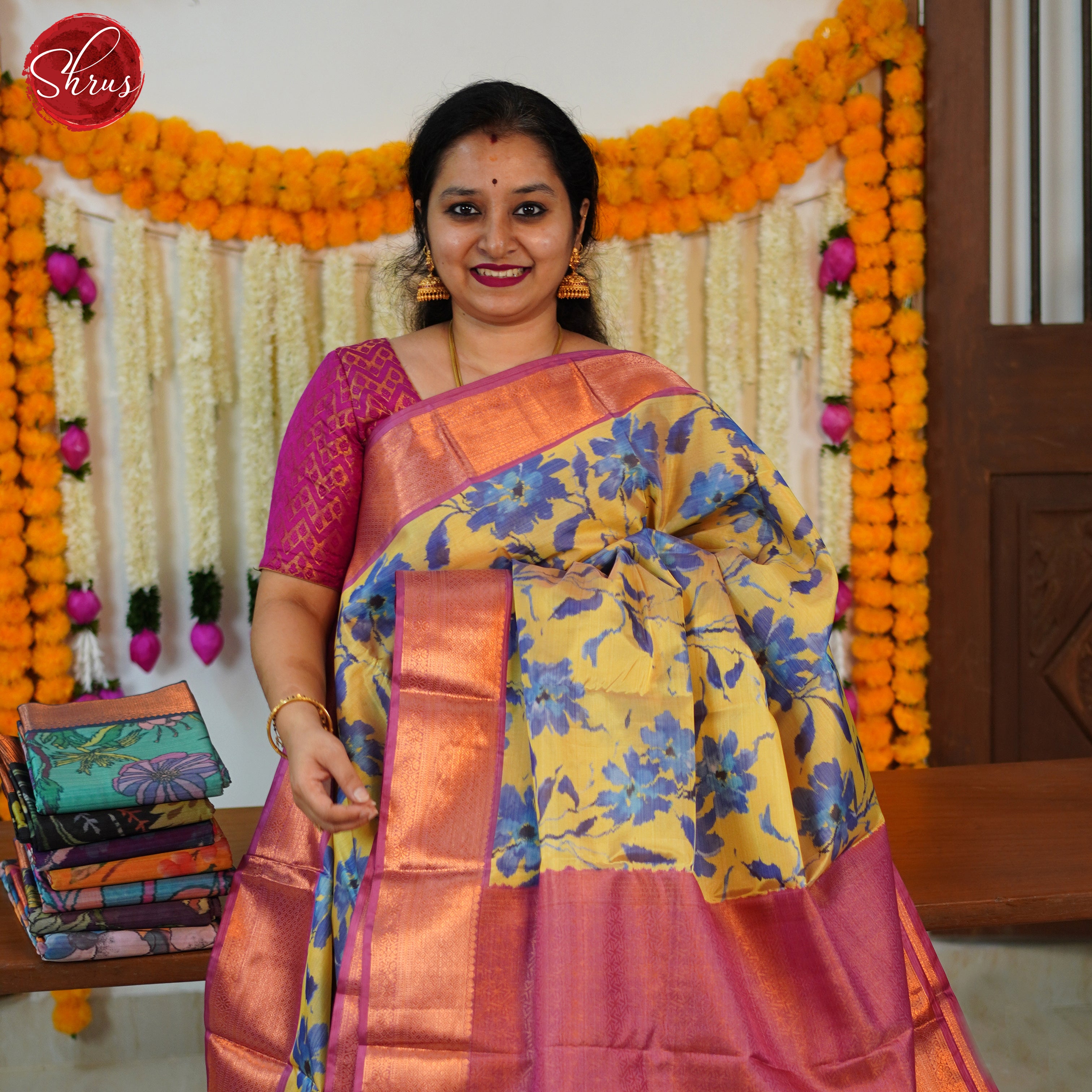 Yellow & Pink - Kanchipuram-halfpure Saree - Shop on ShrusEternity.com