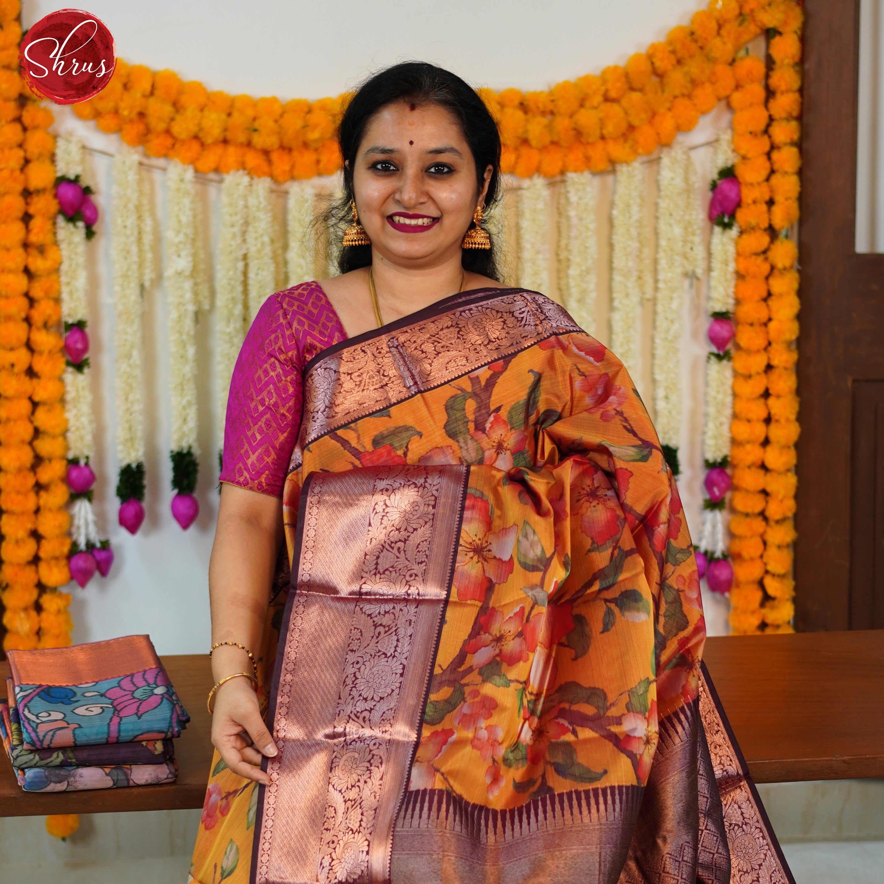 Orange & Brown - Kanchipuram-halfpure Saree - Shop on ShrusEternity.com