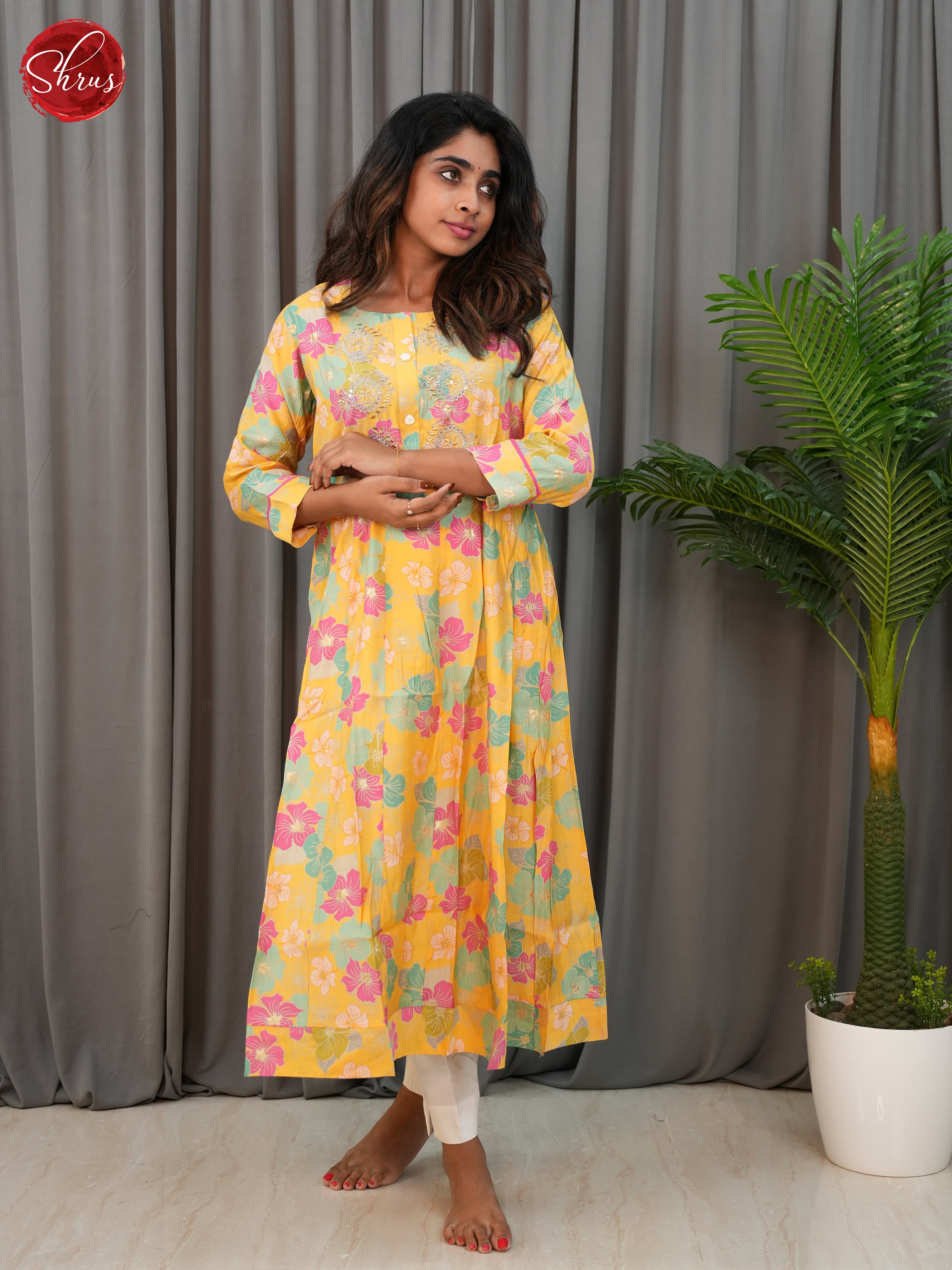 Yellow -Anarkali Printed Readymade Kurti - Shop on ShrusEternity.com