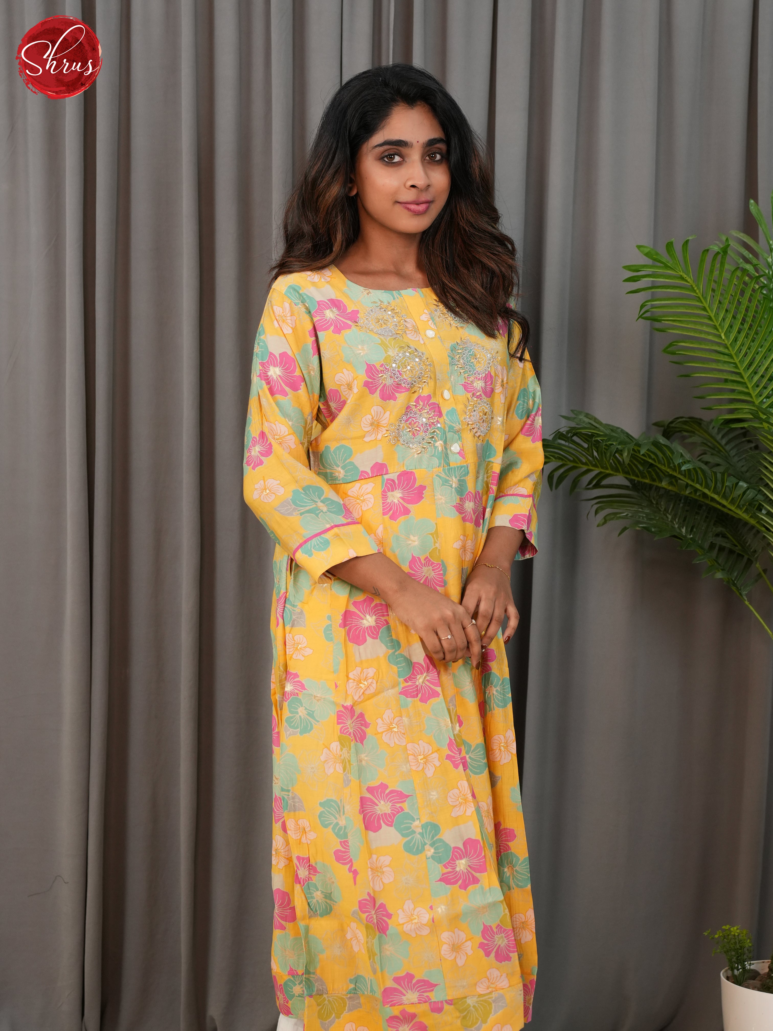 Yellow -Anarkali Printed Readymade Kurti - Shop on ShrusEternity.com