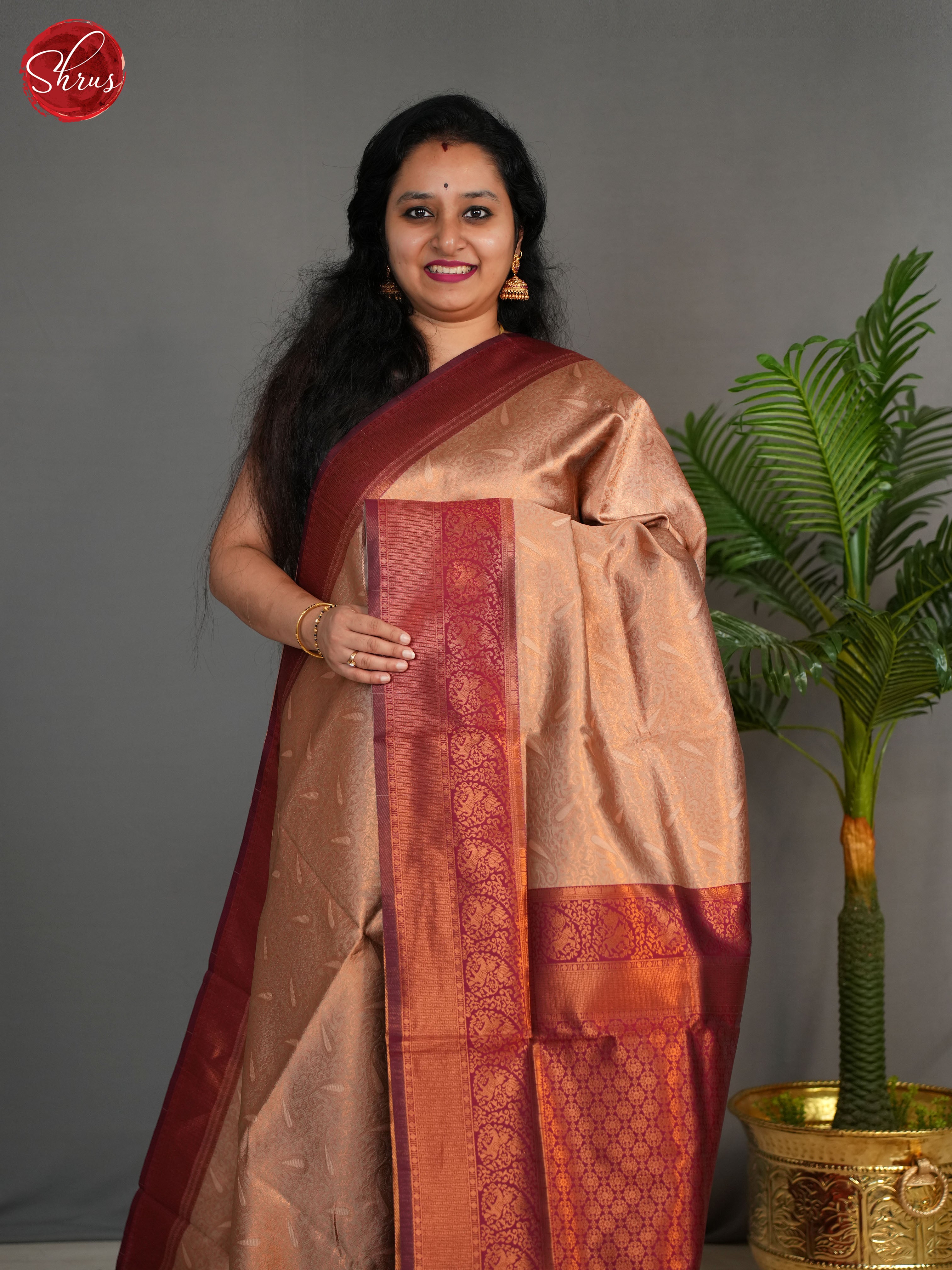 Cream & Arakku MAroon - Semi Kanchipuram Saree - Shop on ShrusEternity.com