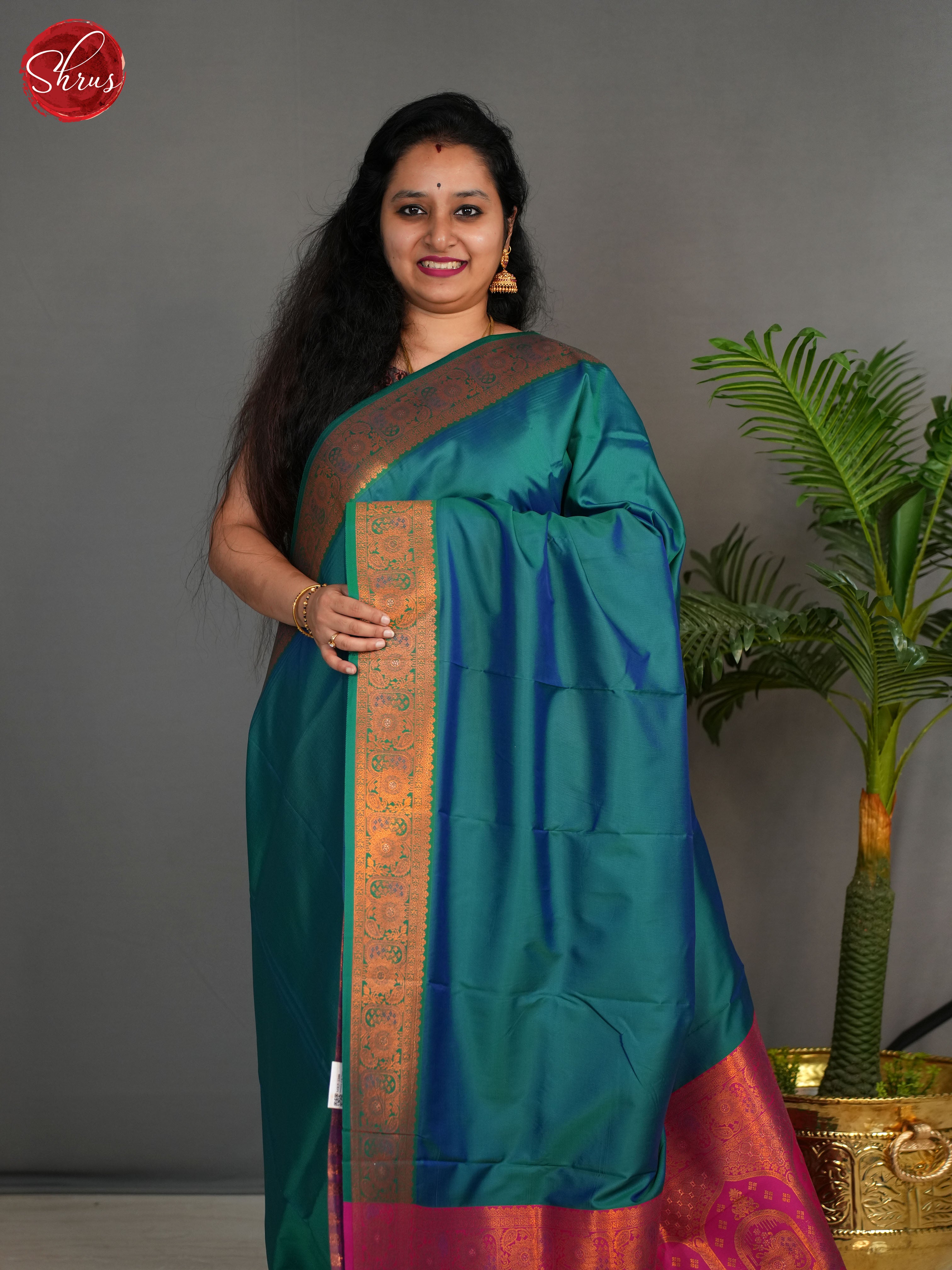 Peacock Green & Pink- Semi Kanchipuram Saree - Shop on ShrusEternity.com