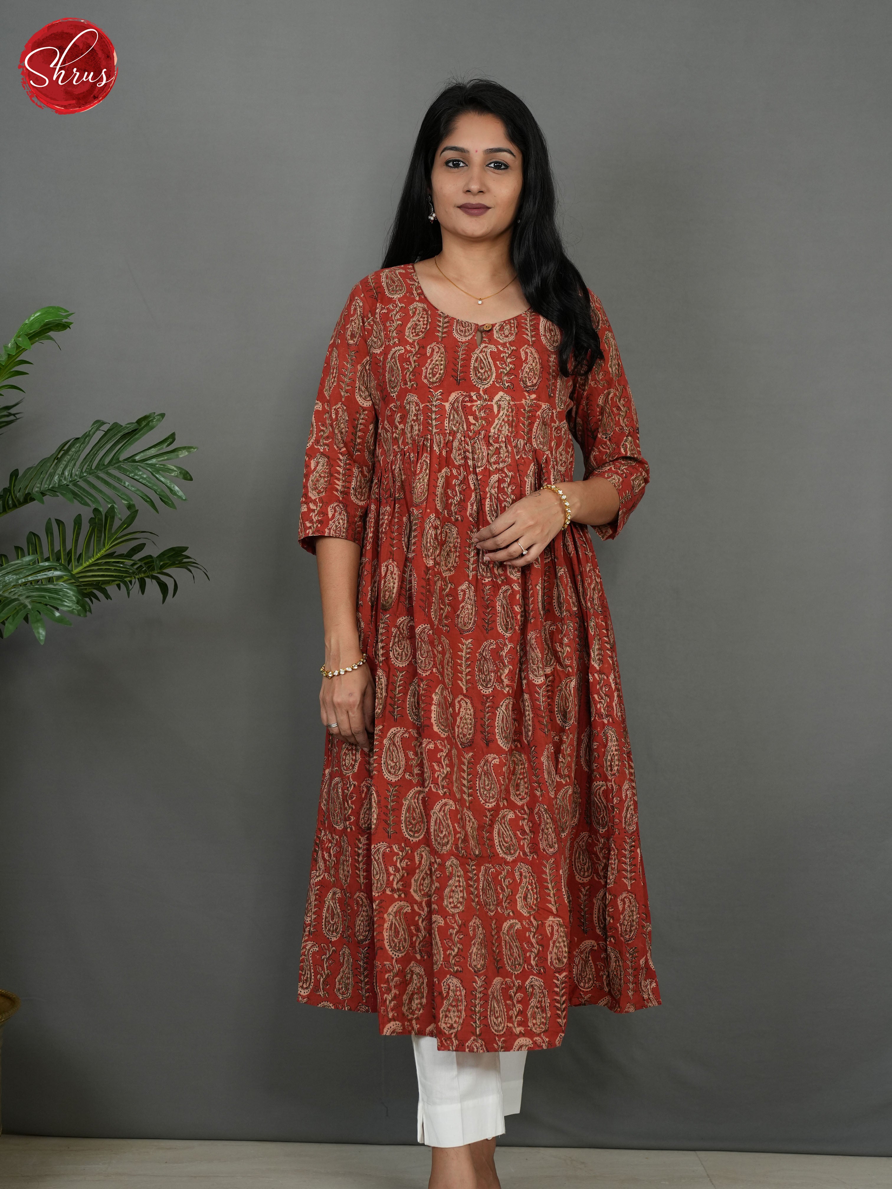 Red -Anarkali Kalamkari printed  Readymade Kurti - Shop on ShrusEternity.com