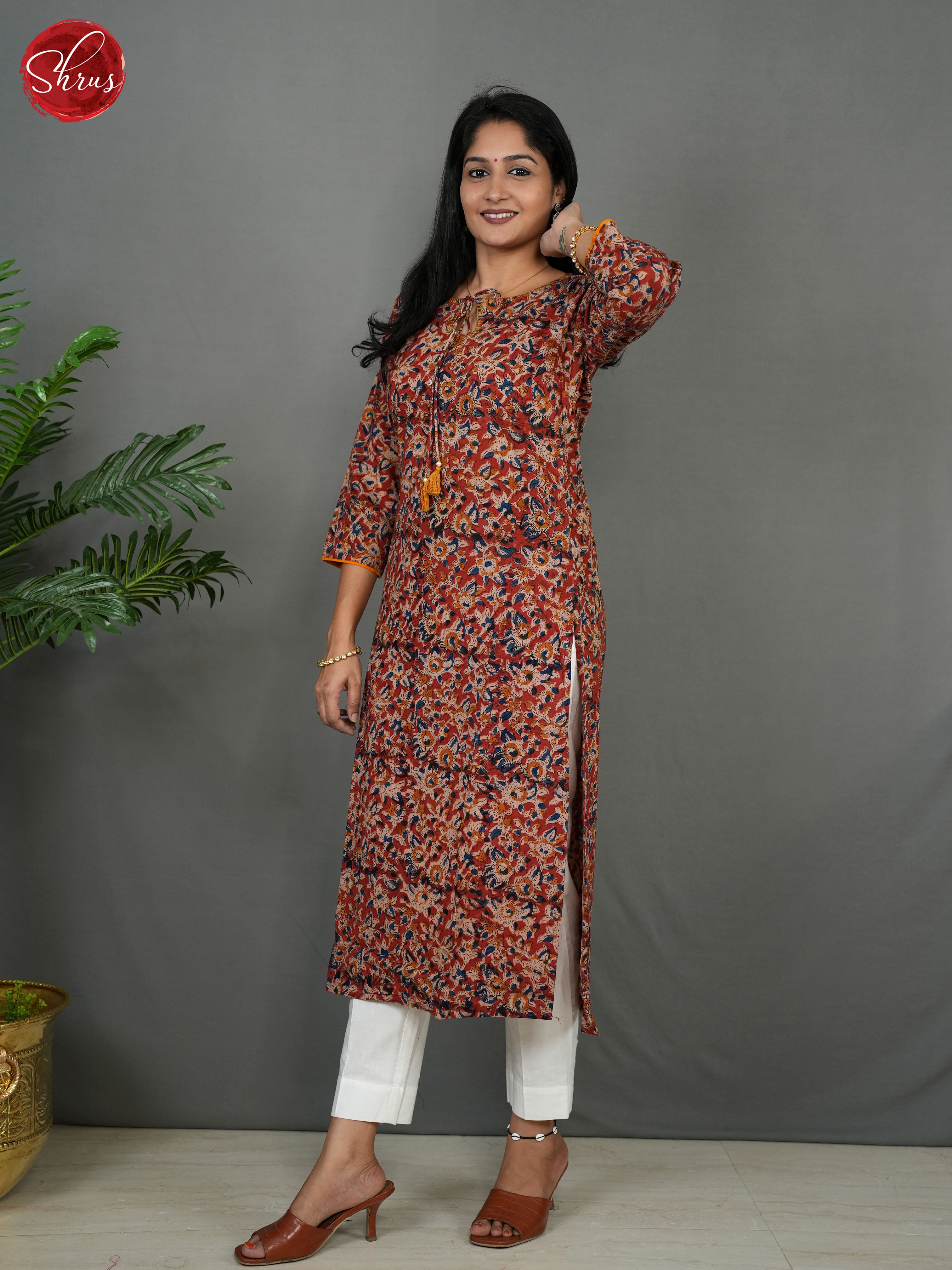 Red -Straight Fit Kalamkari printed  Readymade Kurti - Shop on ShrusEternity.com