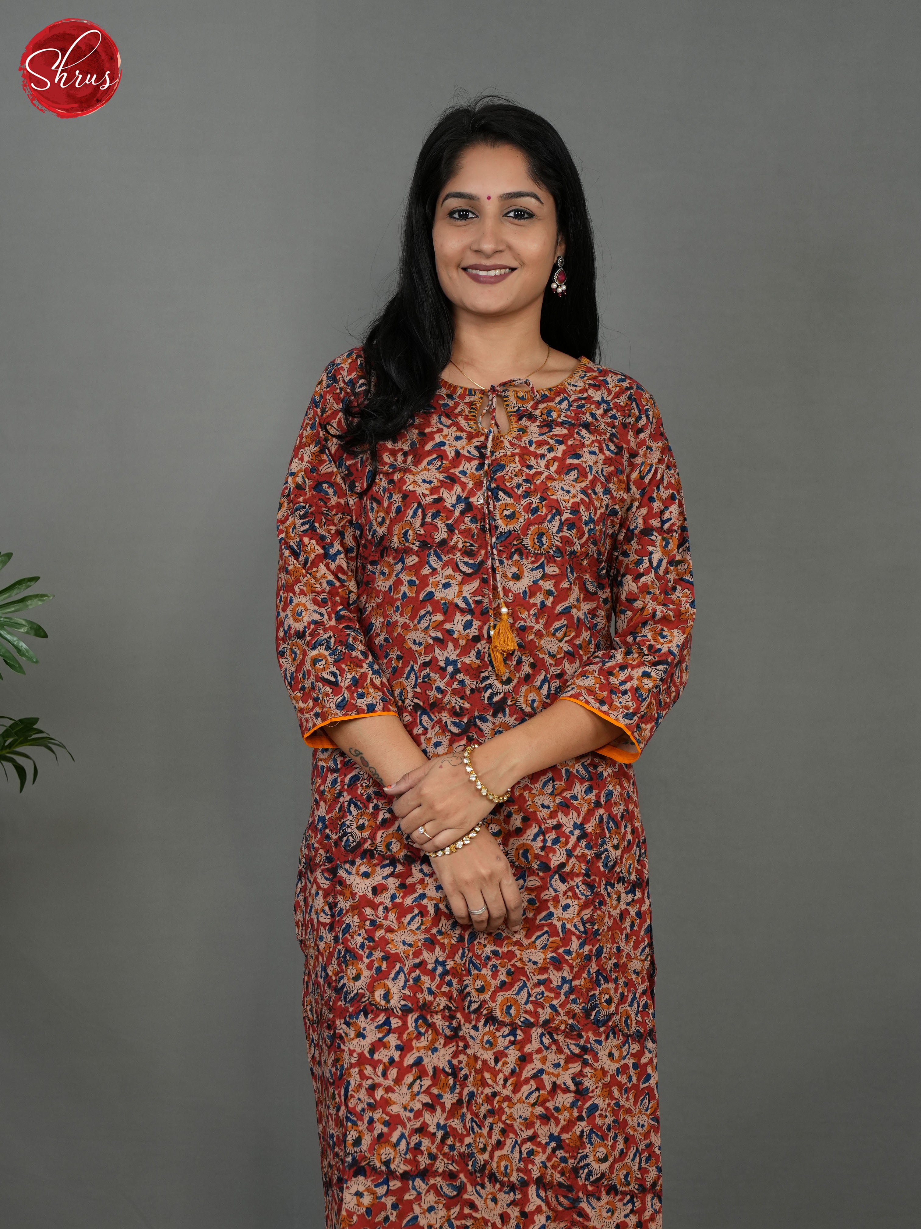 Red -Straight Fit Kalamkari printed  Readymade Kurti - Shop on ShrusEternity.com