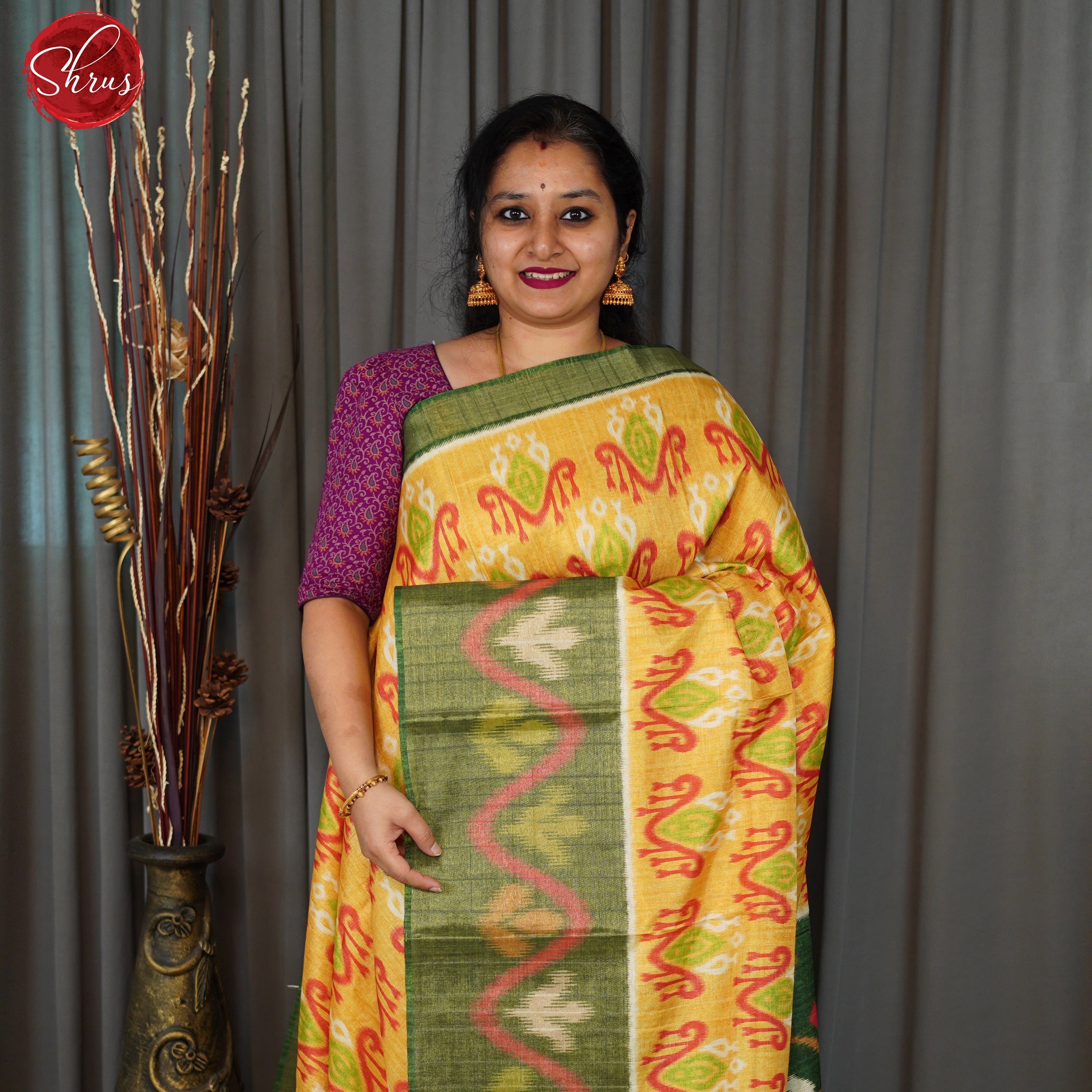 Yellow  & Green- Semi Pochampally Saree - Shop on ShrusEternity.com