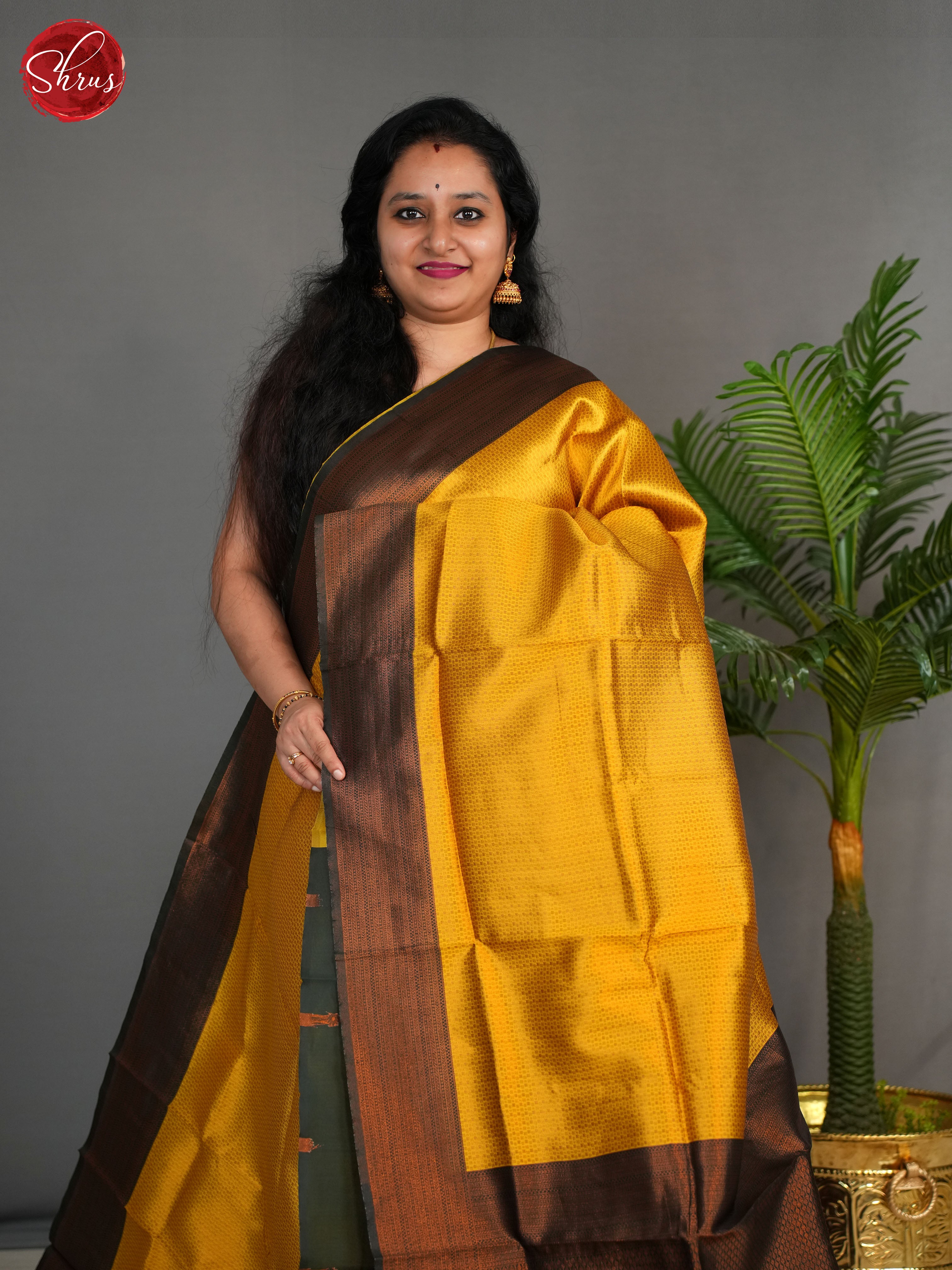 Mustard & Green- Semi Kanchipuram Saree - Shop on ShrusEternity.com