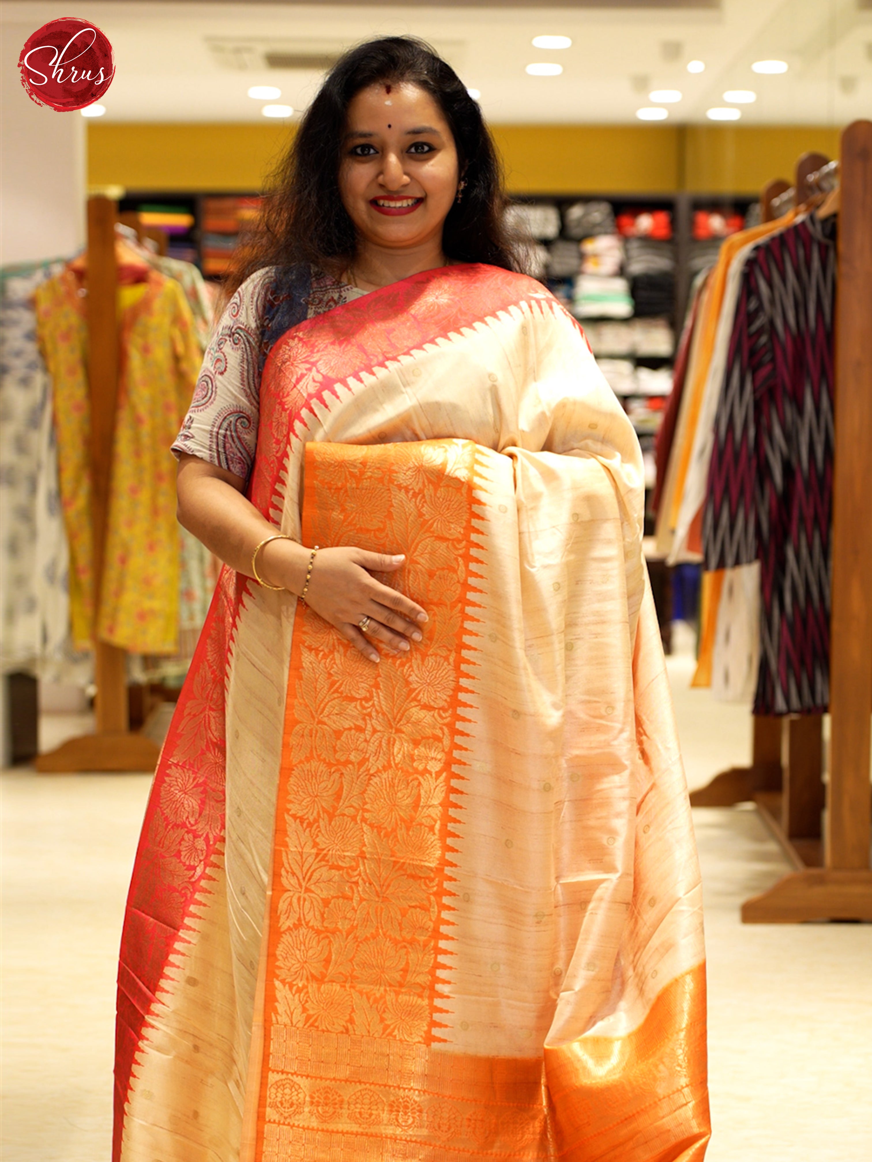 Beige & Orange - Semi Rawsilk Saree - Shop on ShrusEternity.com