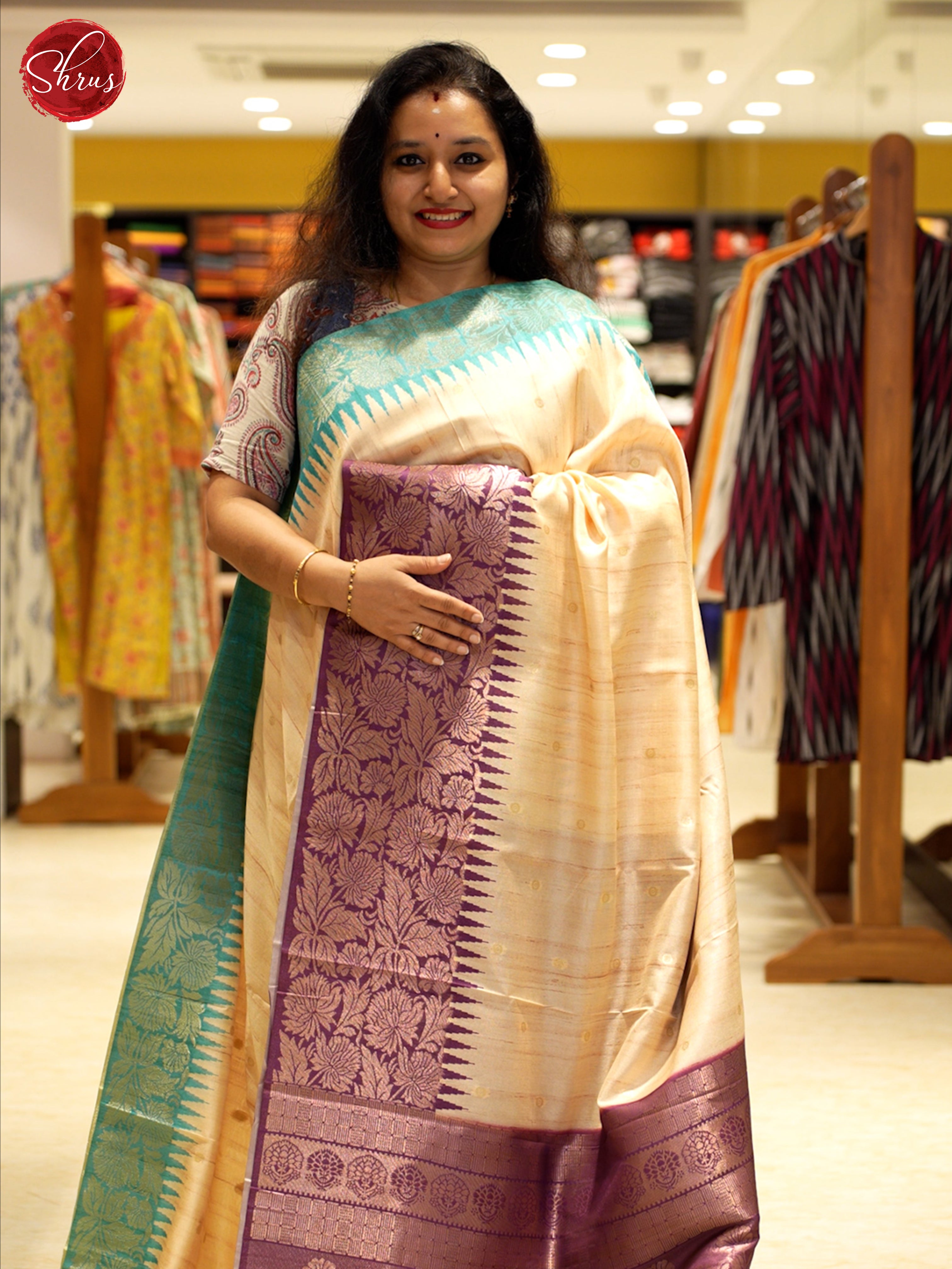 Beige & Purple - Semi Rawsilk Saree - Shop on ShrusEternity.com