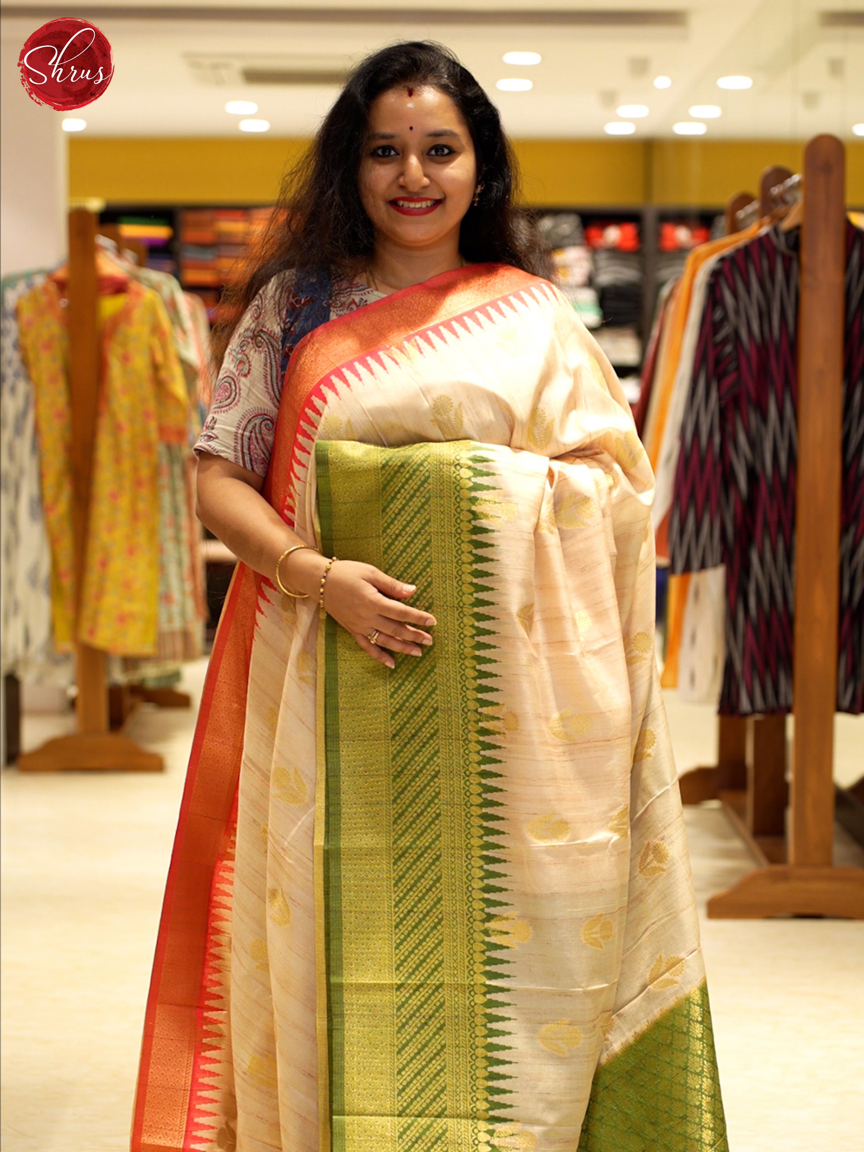 Beige & Green - Semi Rawsilk Saree - Shop on ShrusEternity.com