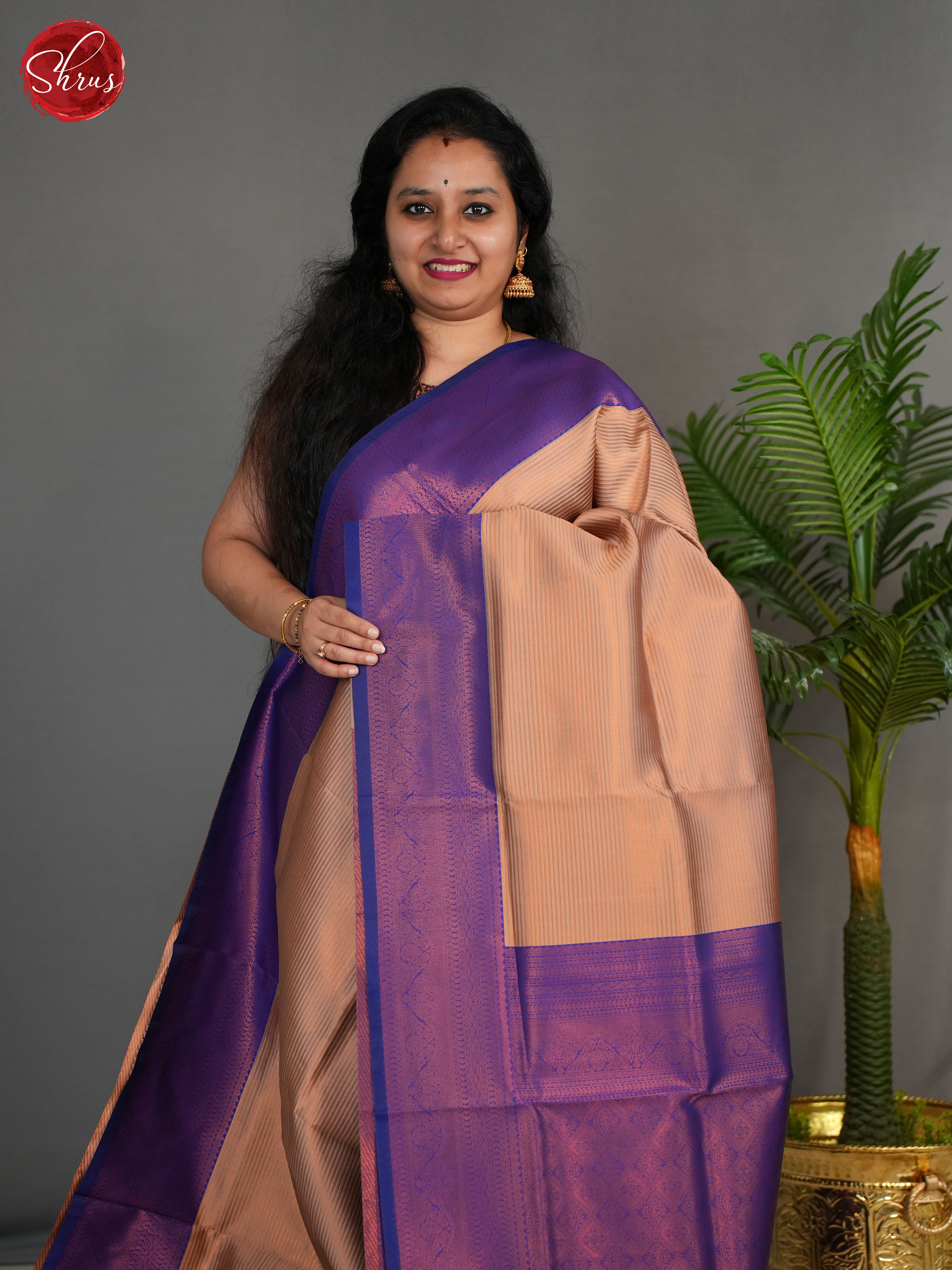 Beige & Purple - Semi Kanchipuram Saree - Shop on ShrusEternity.com