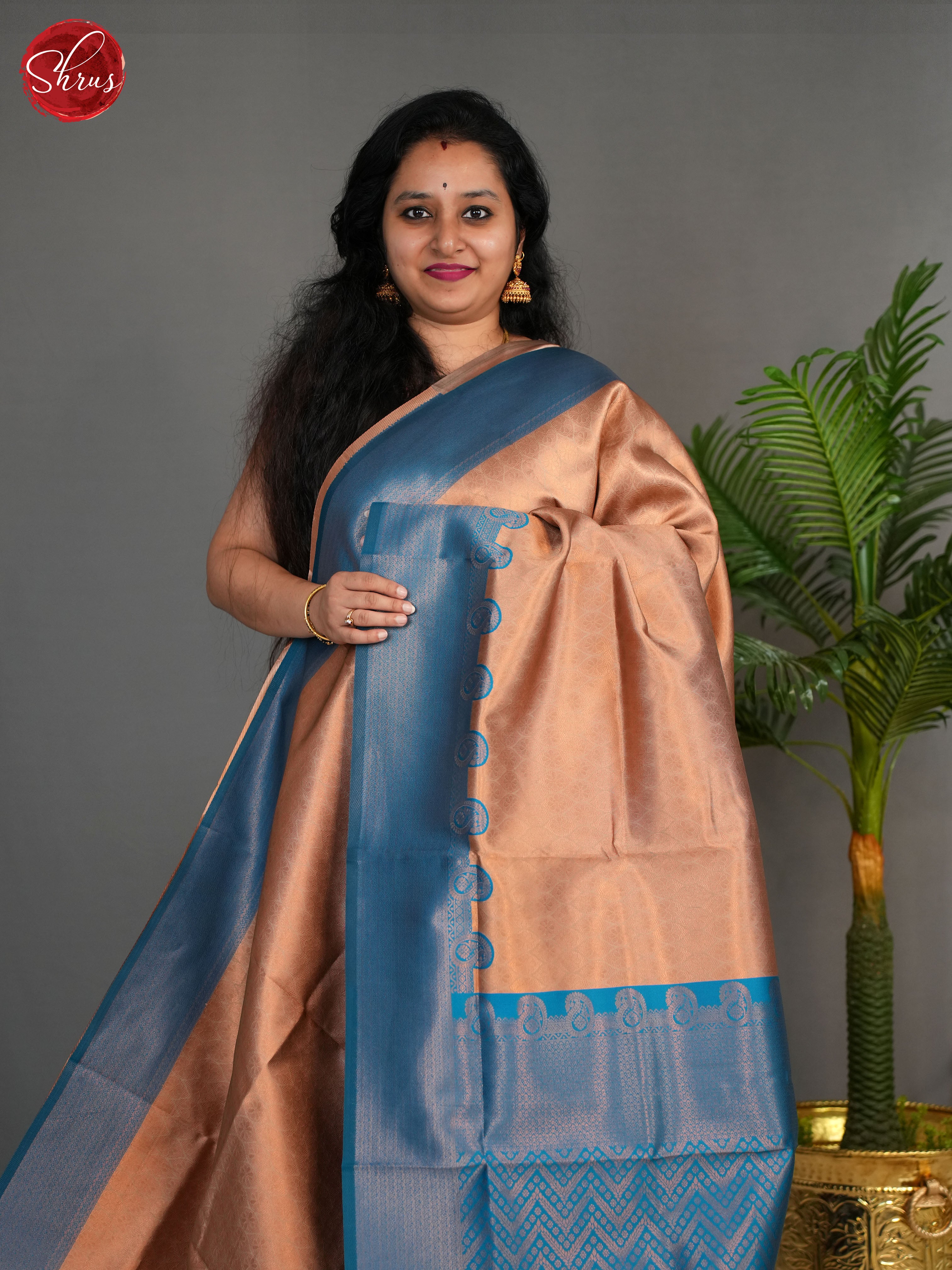 Beige & Blue - Semi Kanchipuram Saree - Shop on ShrusEternity.com