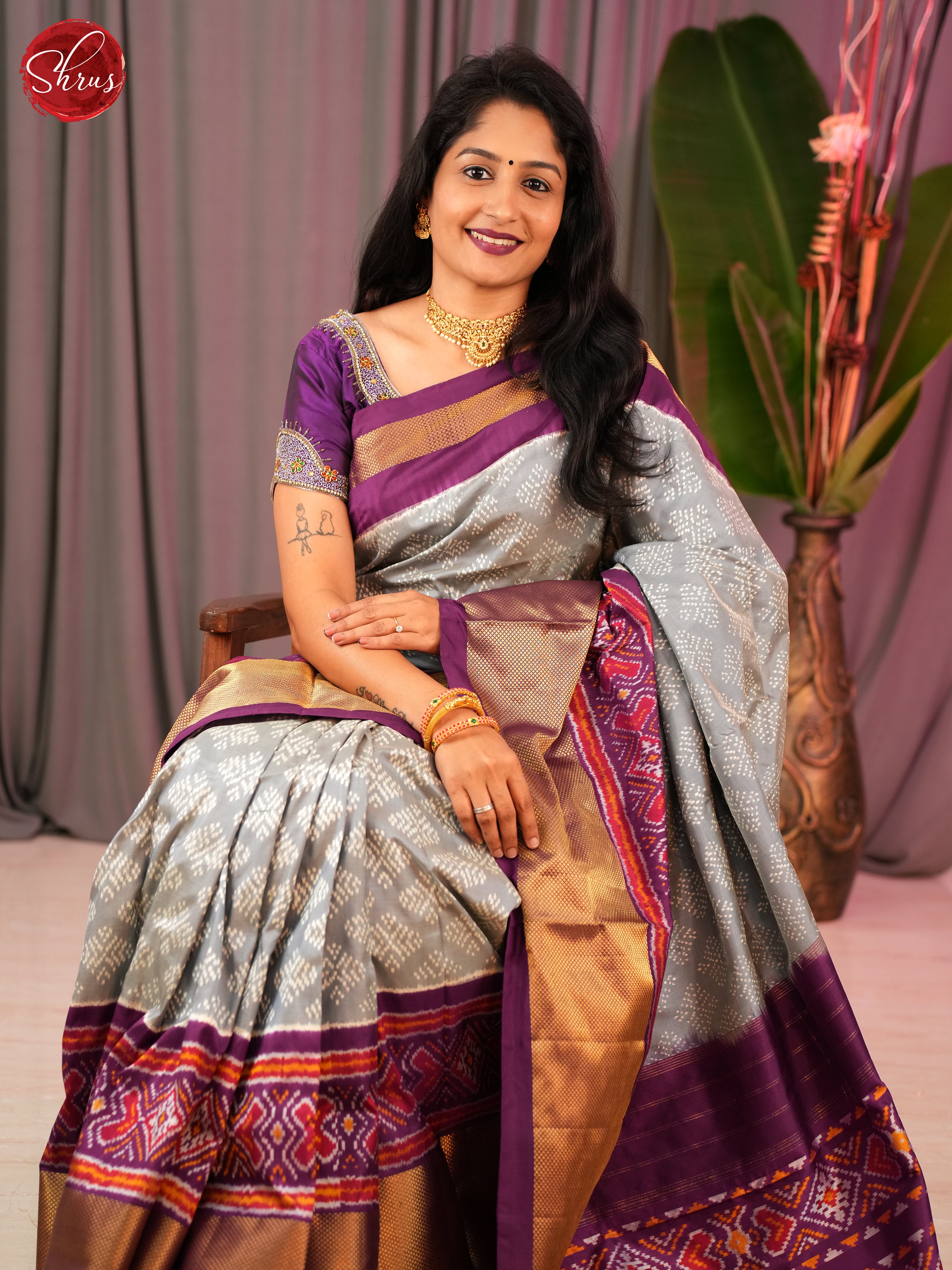 Grey & Majenta  - Ikkat Silk Saree - Shop on ShrusEternity.com