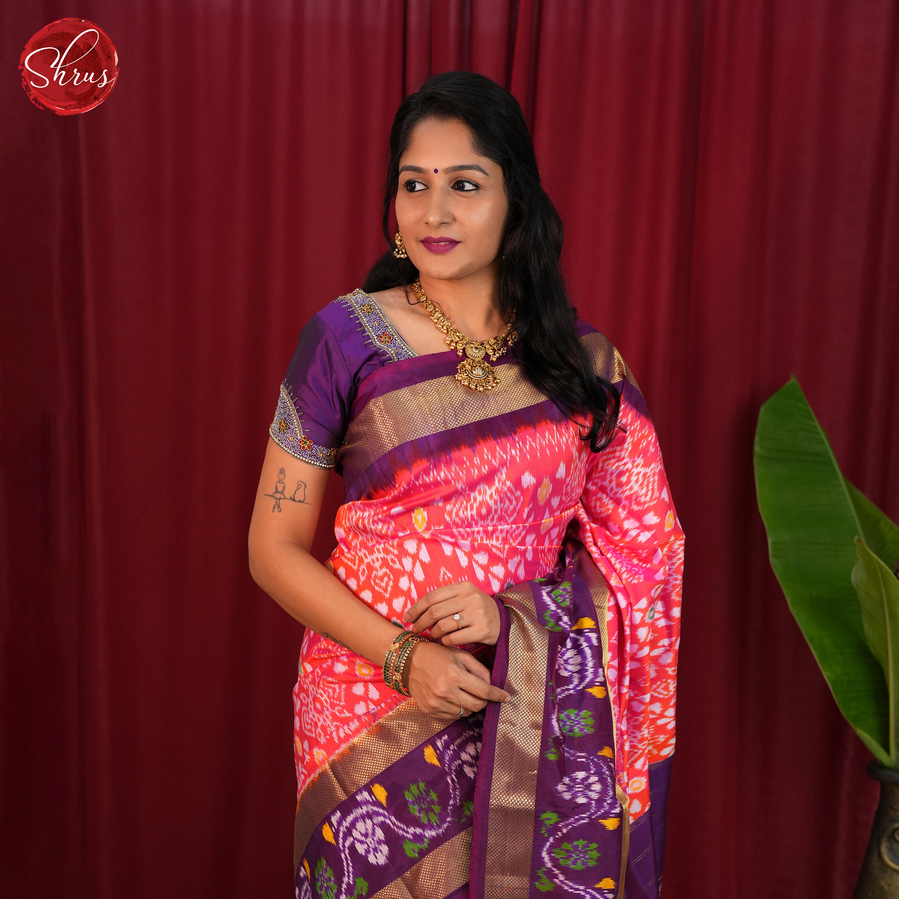 Pink & Purple - Ikkat Silk Saree - Shop on ShrusEternity.com