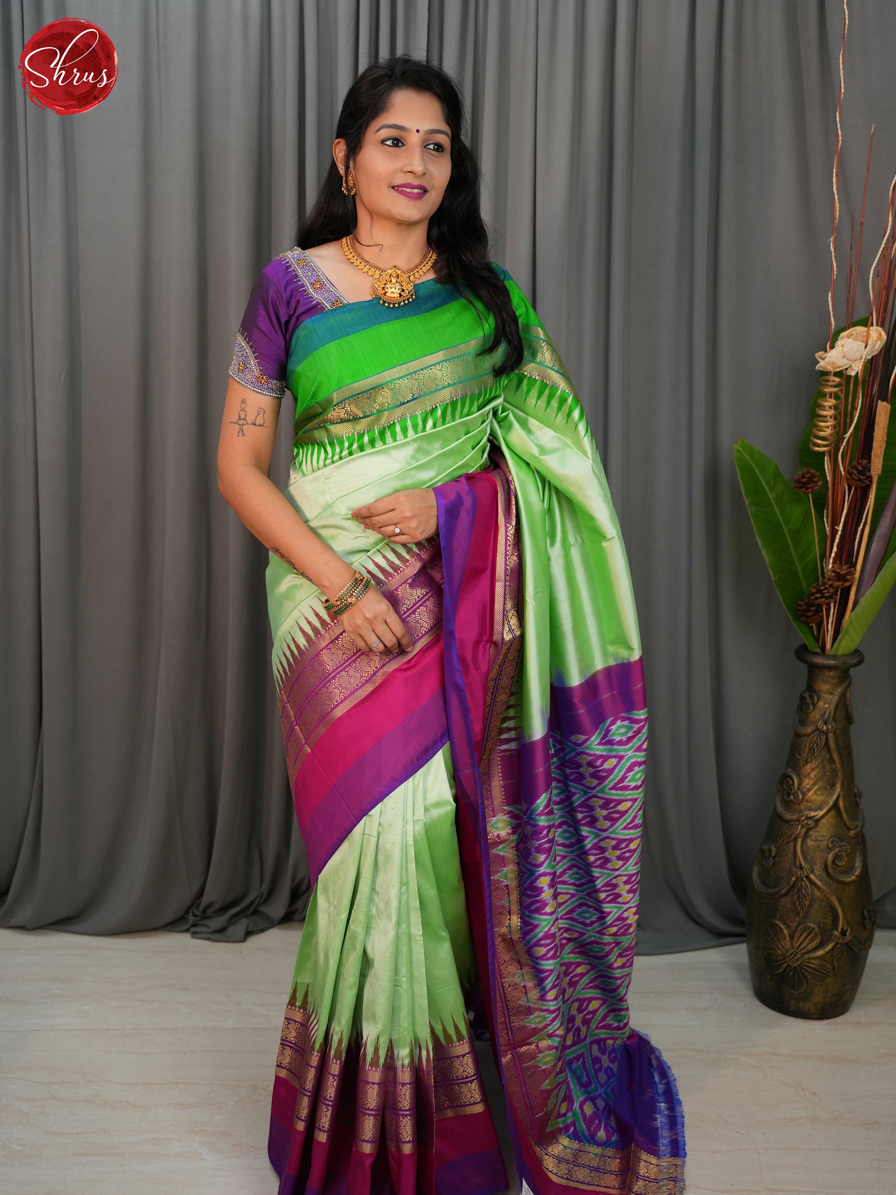 Pista Green & Purple - Ikkat Silk Saree - Shop on ShrusEternity.com