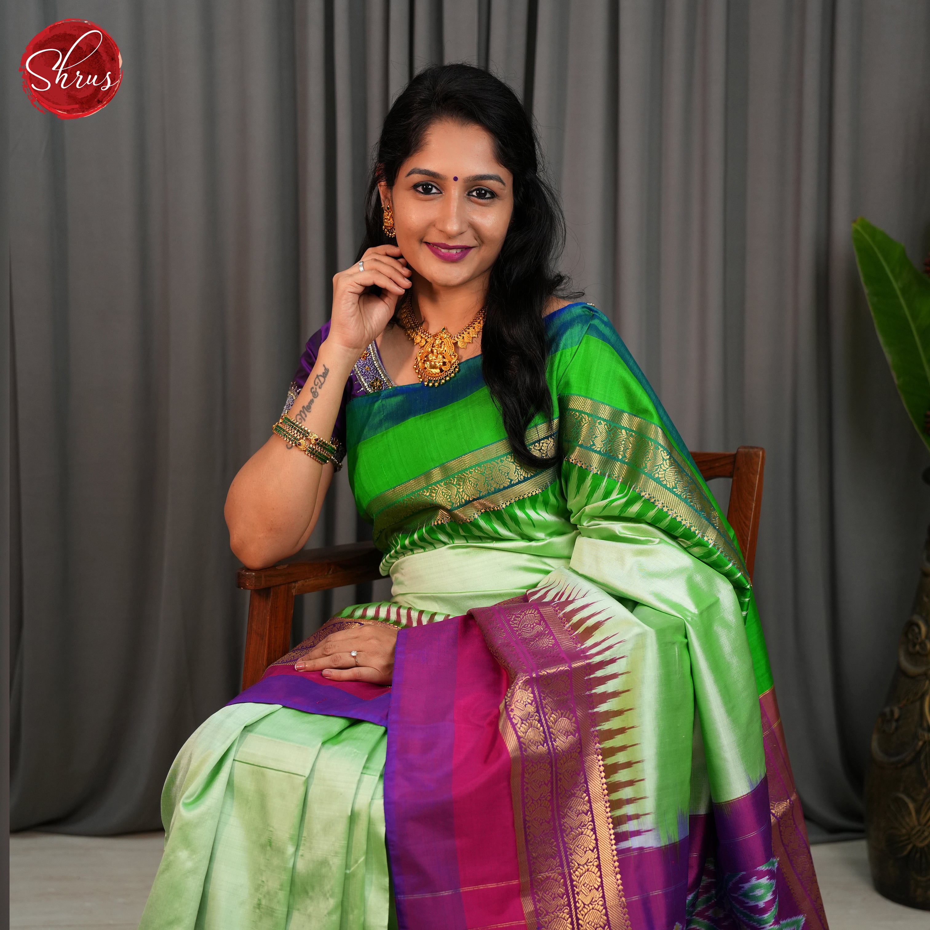 Pista Green & Purple - Ikkat Silk Saree - Shop on ShrusEternity.com