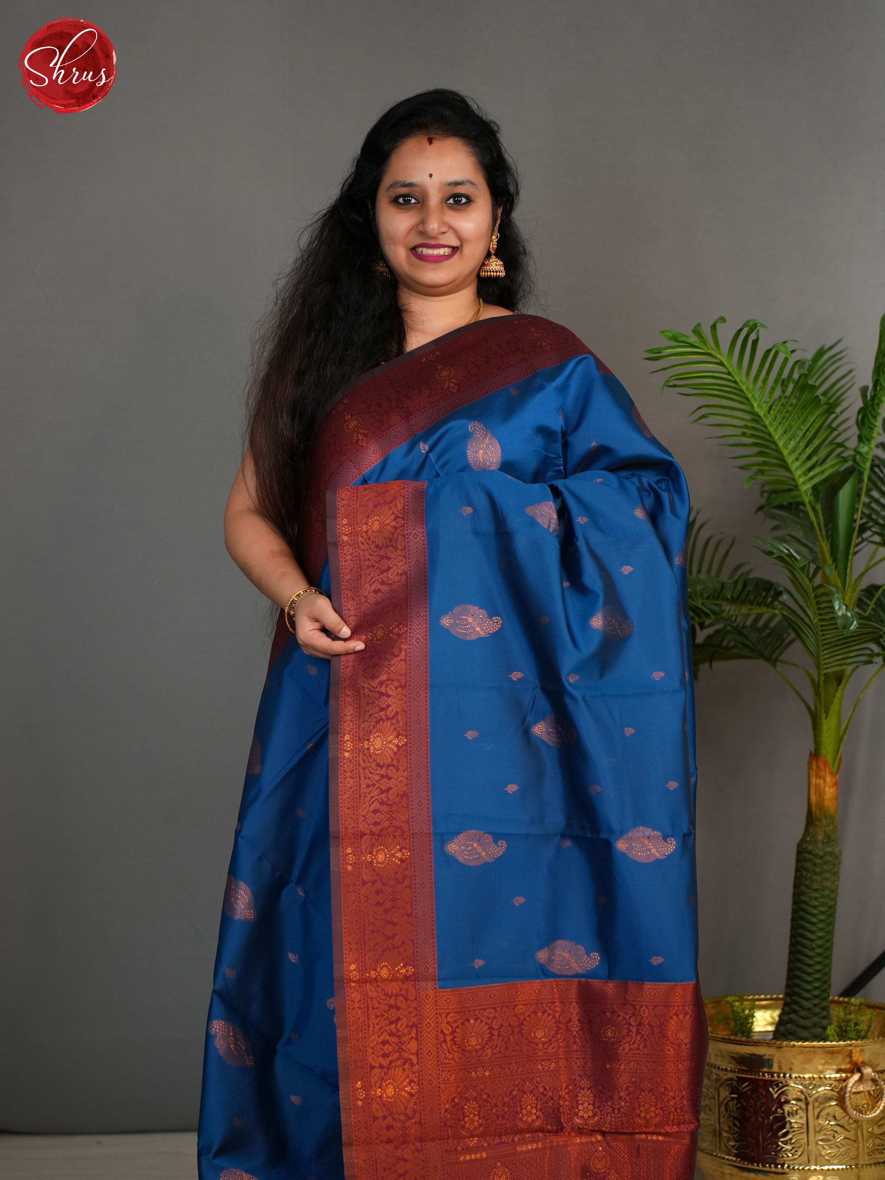 Blue And Arakku Maroon-Semi kanchipuram saree - Shop on ShrusEternity.com