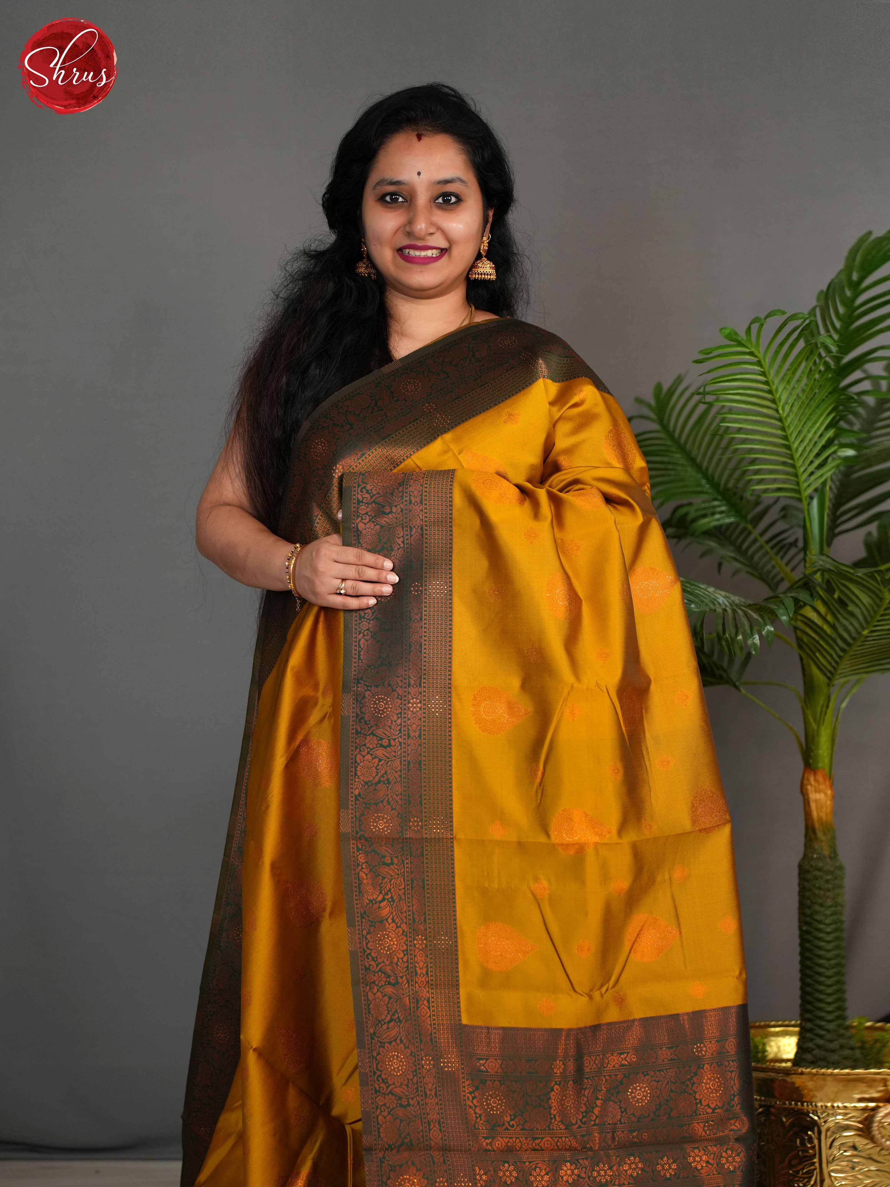 Mustard And Green-Semi Kanchipuram saree - Shop on ShrusEternity.com