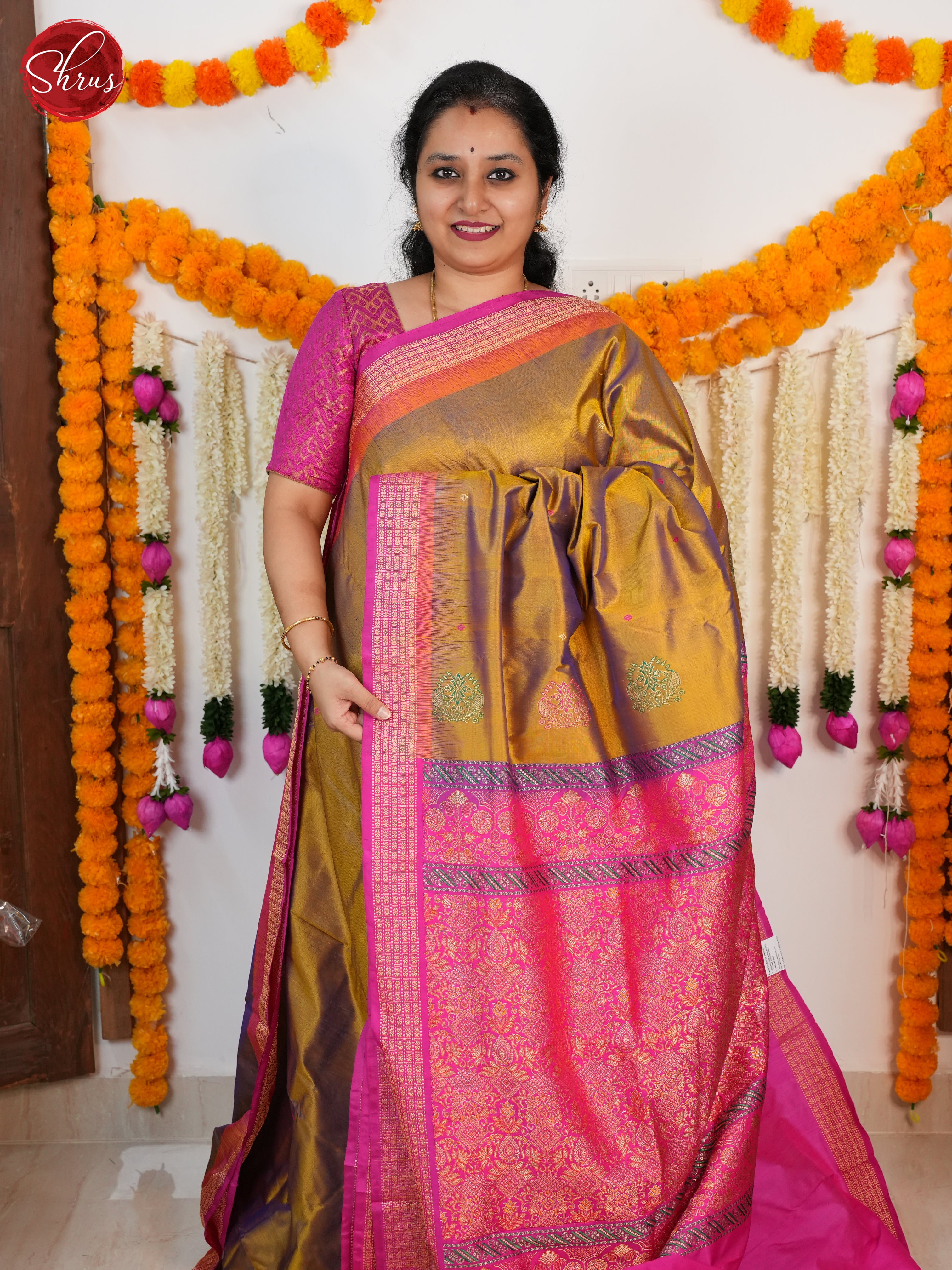 Olive Green & Pink - Odisha Sambalpuri Silk Saree - Shop on ShrusEternity.com