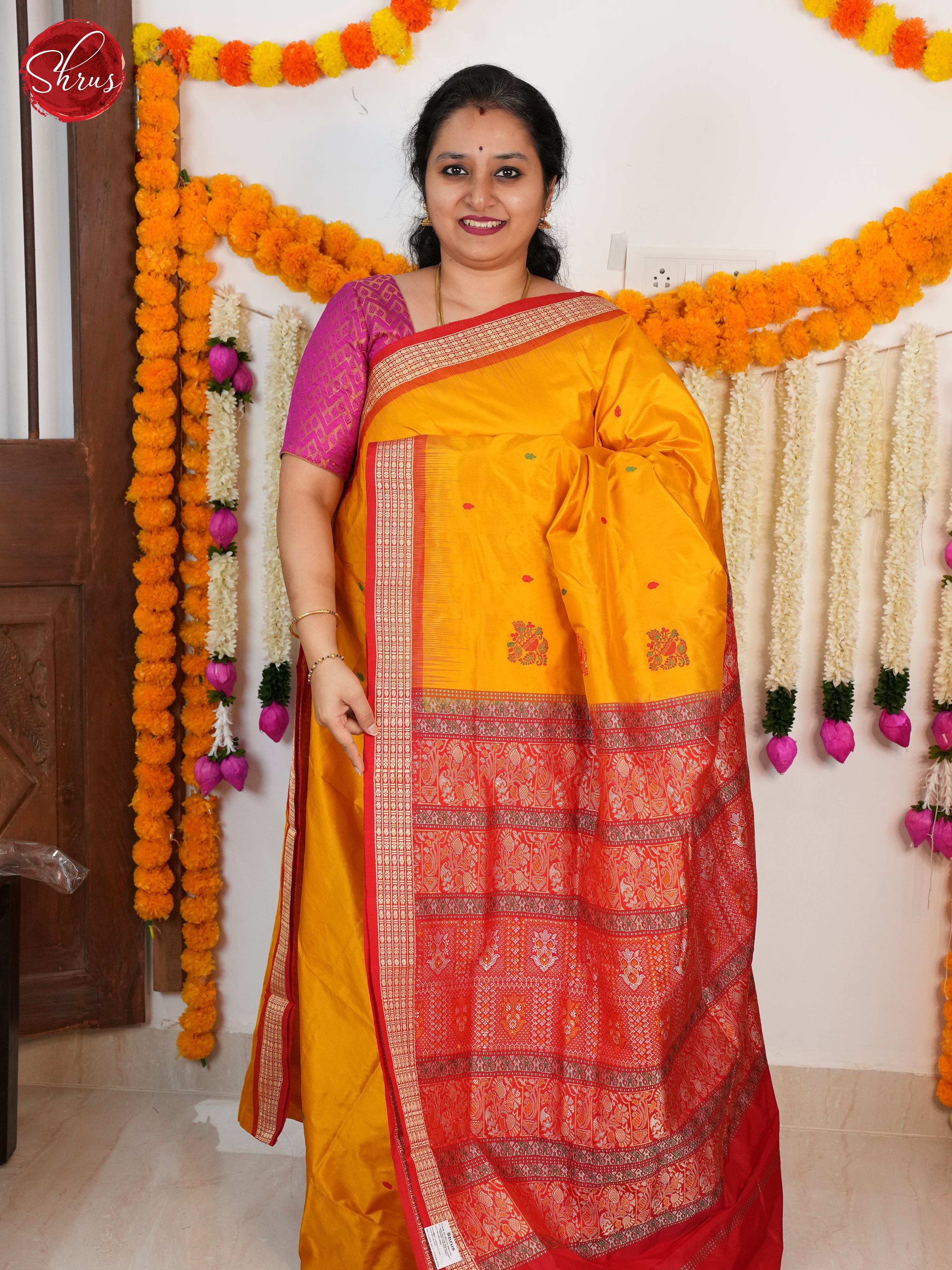 Mustardy Yellow & Red - Odisha Sambalpuri Silk Saree - Shop on ShrusEternity.com