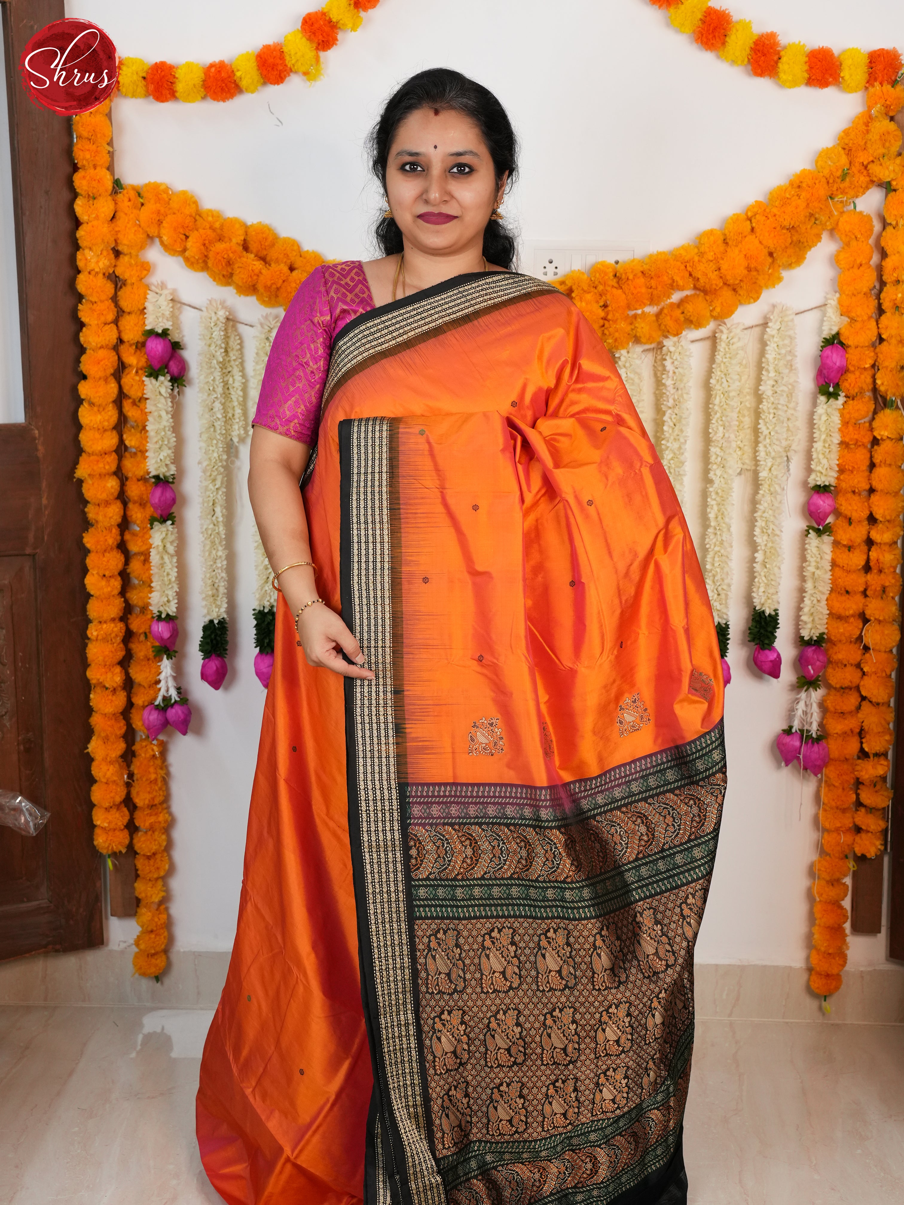 Sunset Orange & Black - Odisha Sambalpuri Silk Saree - Shop on ShrusEternity.com