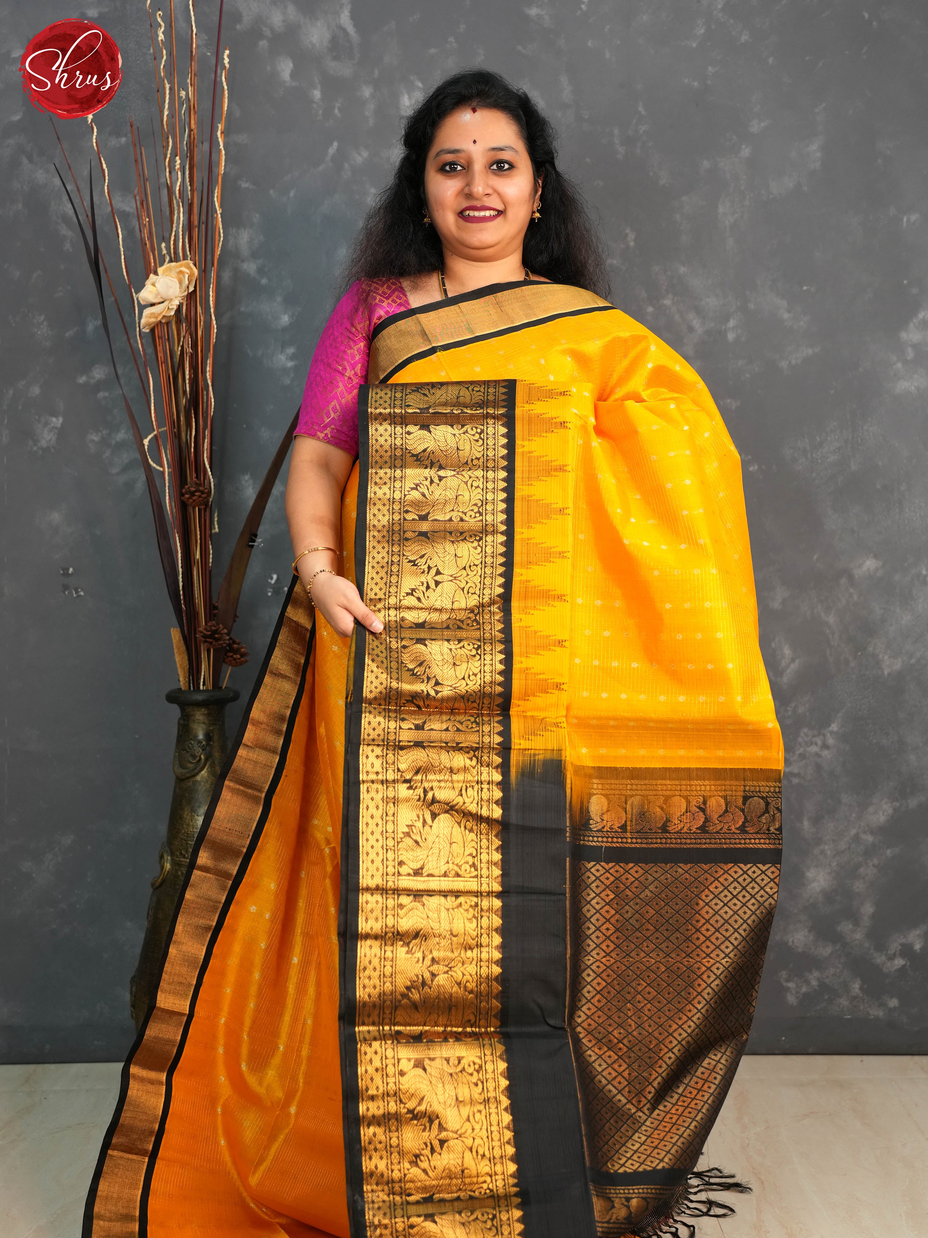 Yellow aand Black - Silk Cotton Saree - Shop on ShrusEternity.com