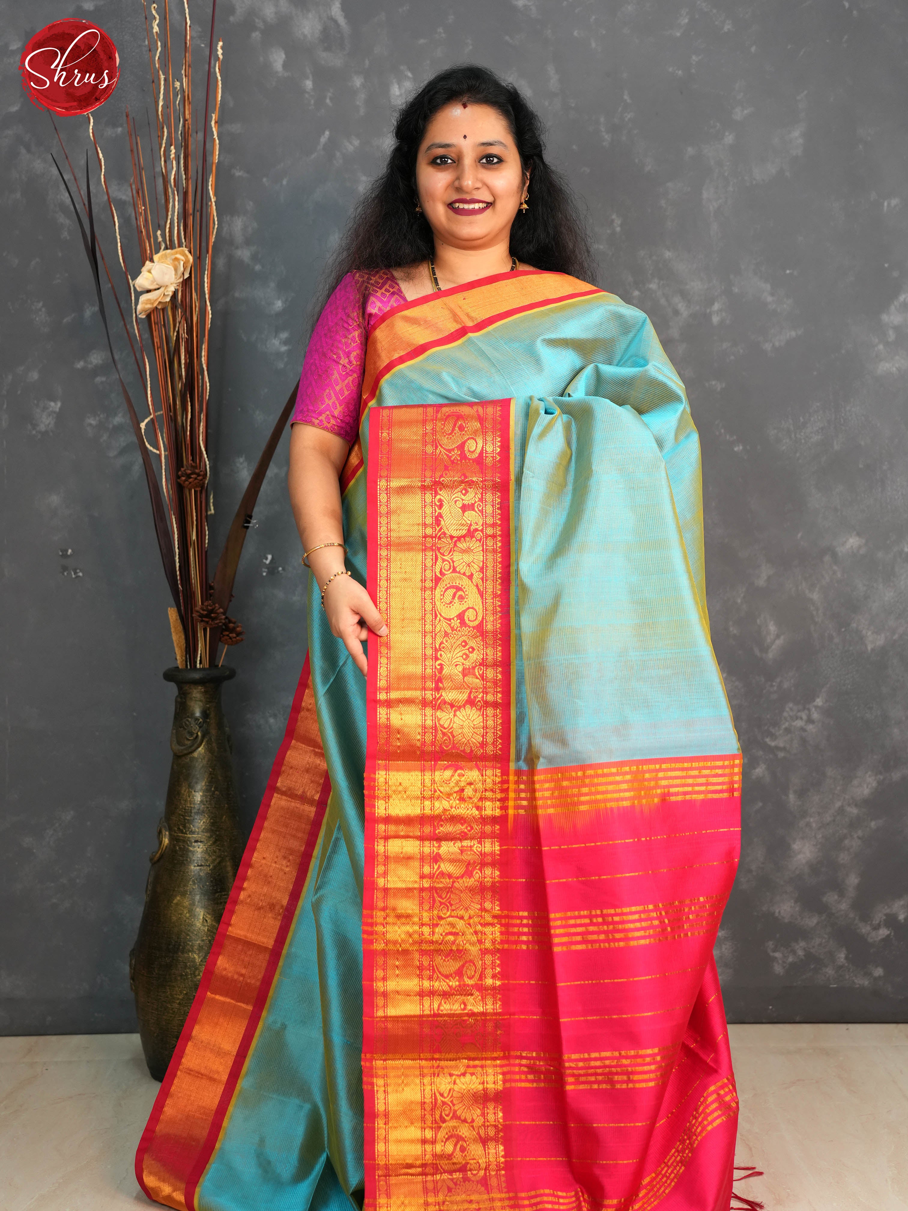 Double shaded Blue and Pink - Silk Cotton Saree - Shop on ShrusEternity.com