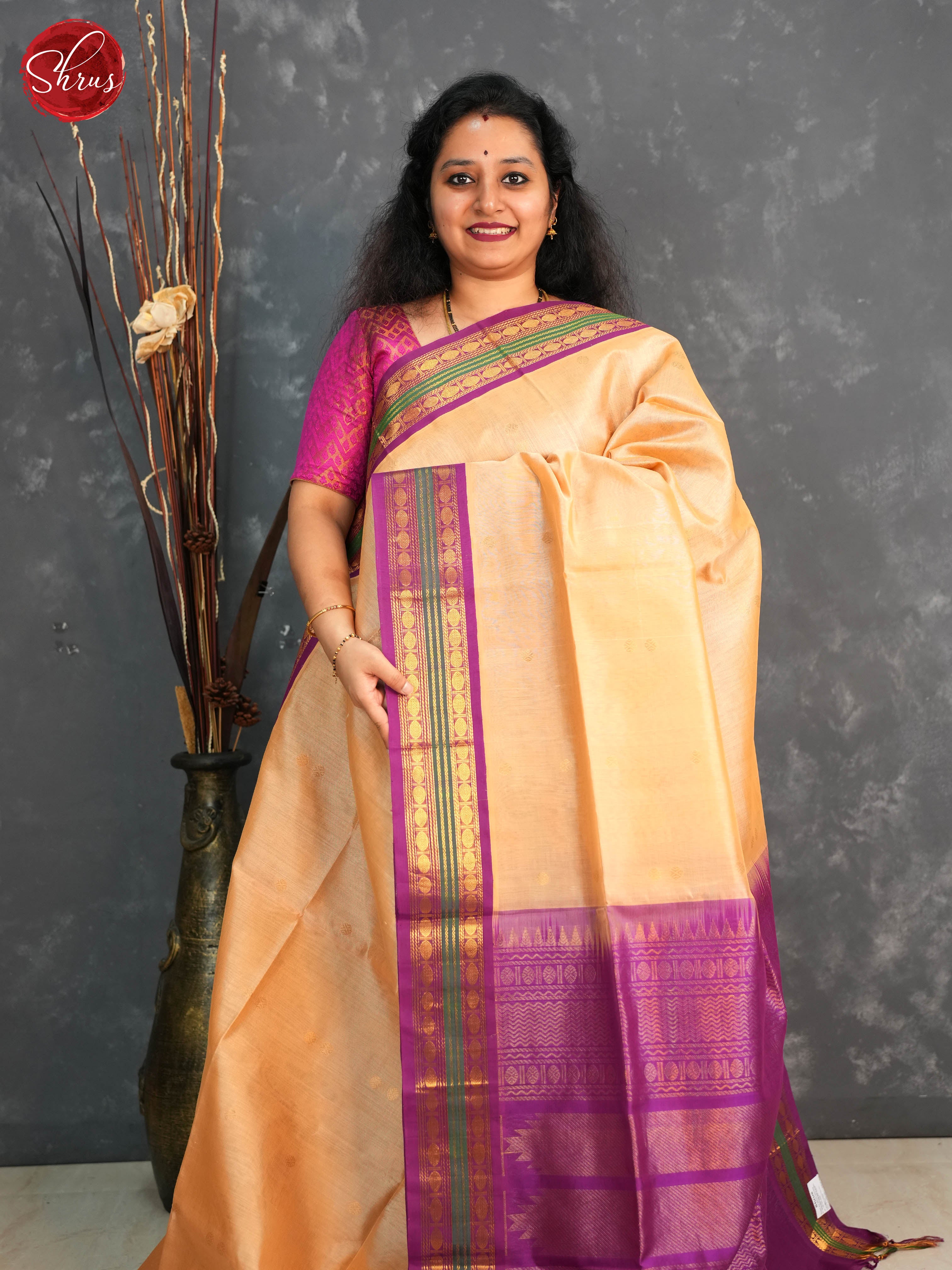 Beige and Purple - Silk Cotton Saree - Shop on ShrusEternity.com