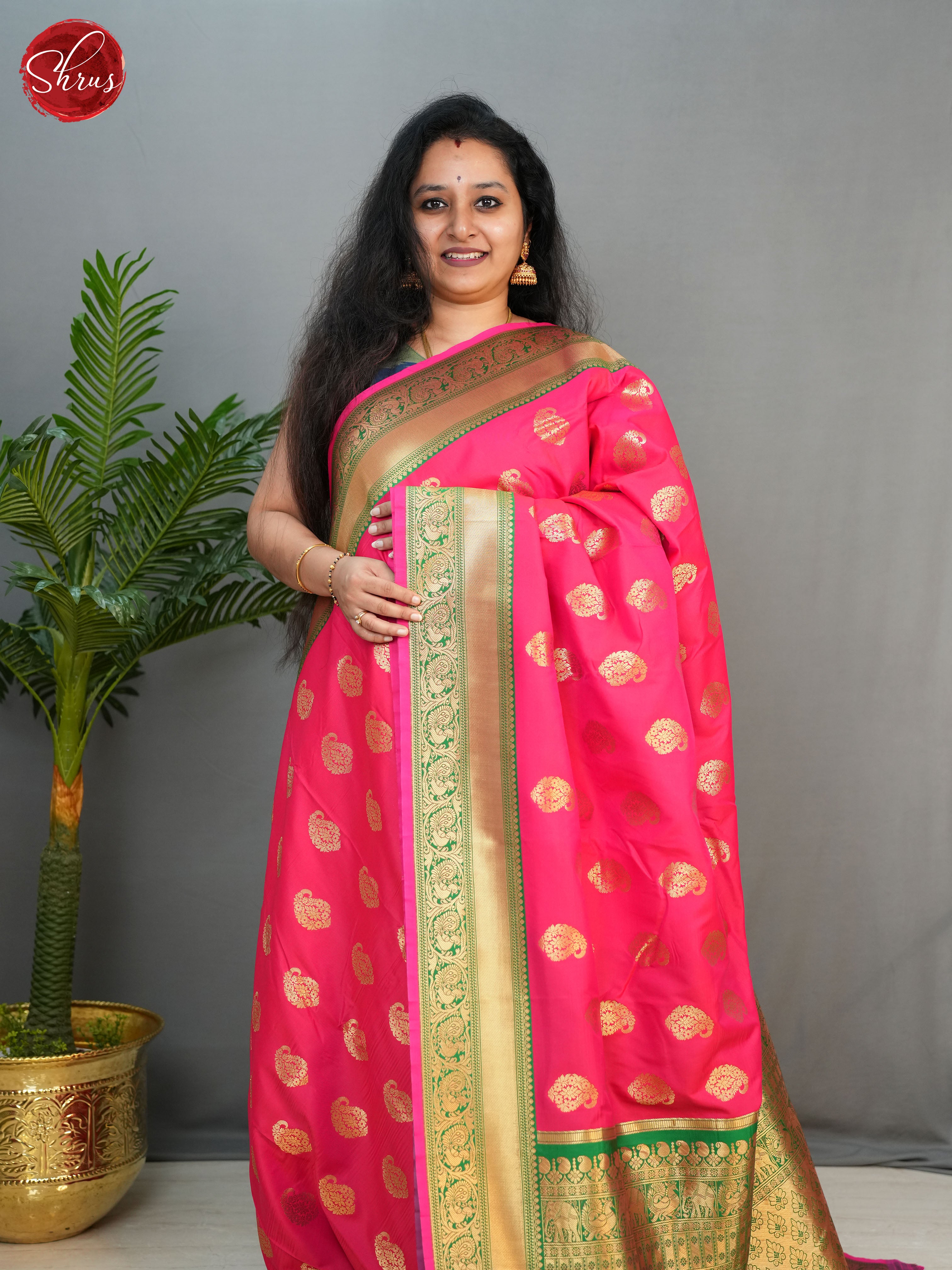 Pink & Green - Semi Kanchipuram Silk with Zari woven paisleys motifs on the body & Zari Border - Shop on ShrusEternity.com