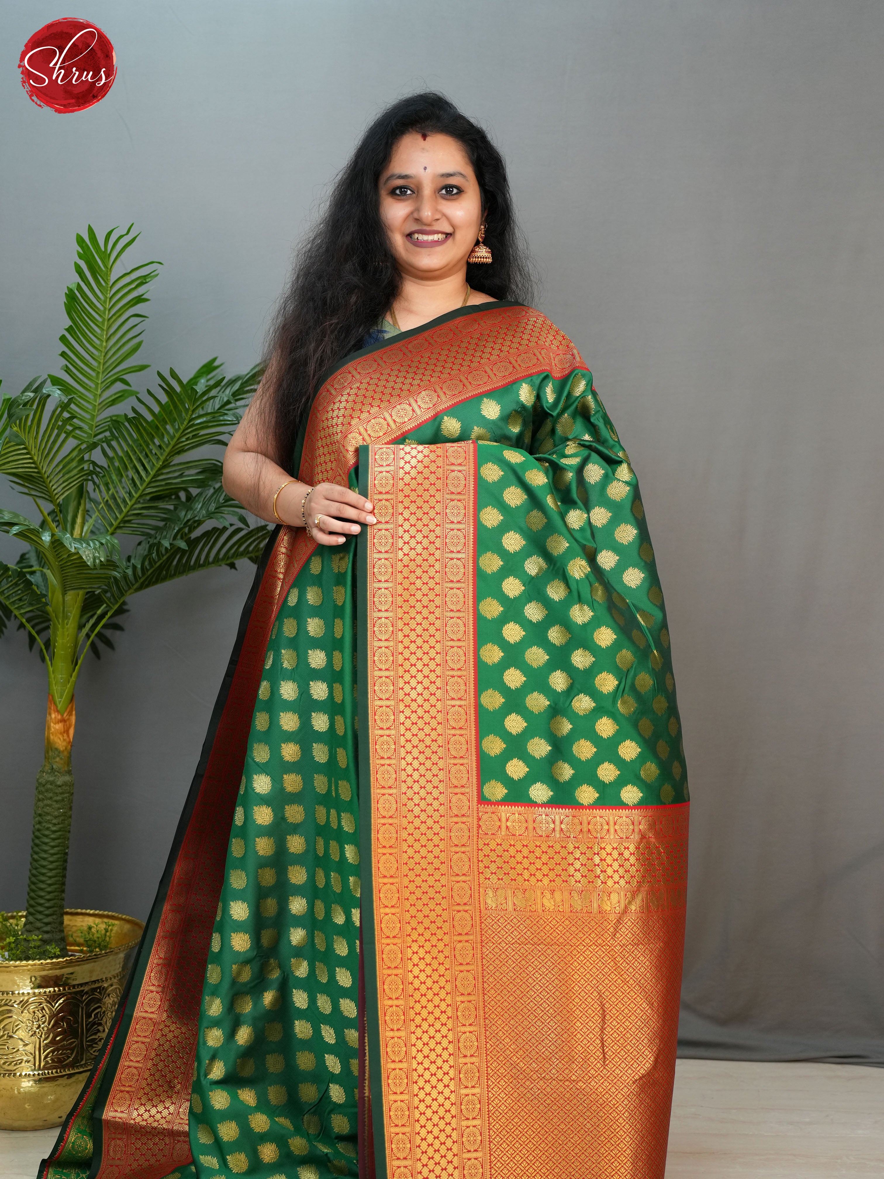 Green & Red - Semi Kanchipuram with Zari woven floral buttas  on the body &   Zari Border - Shop on ShrusEternity.com