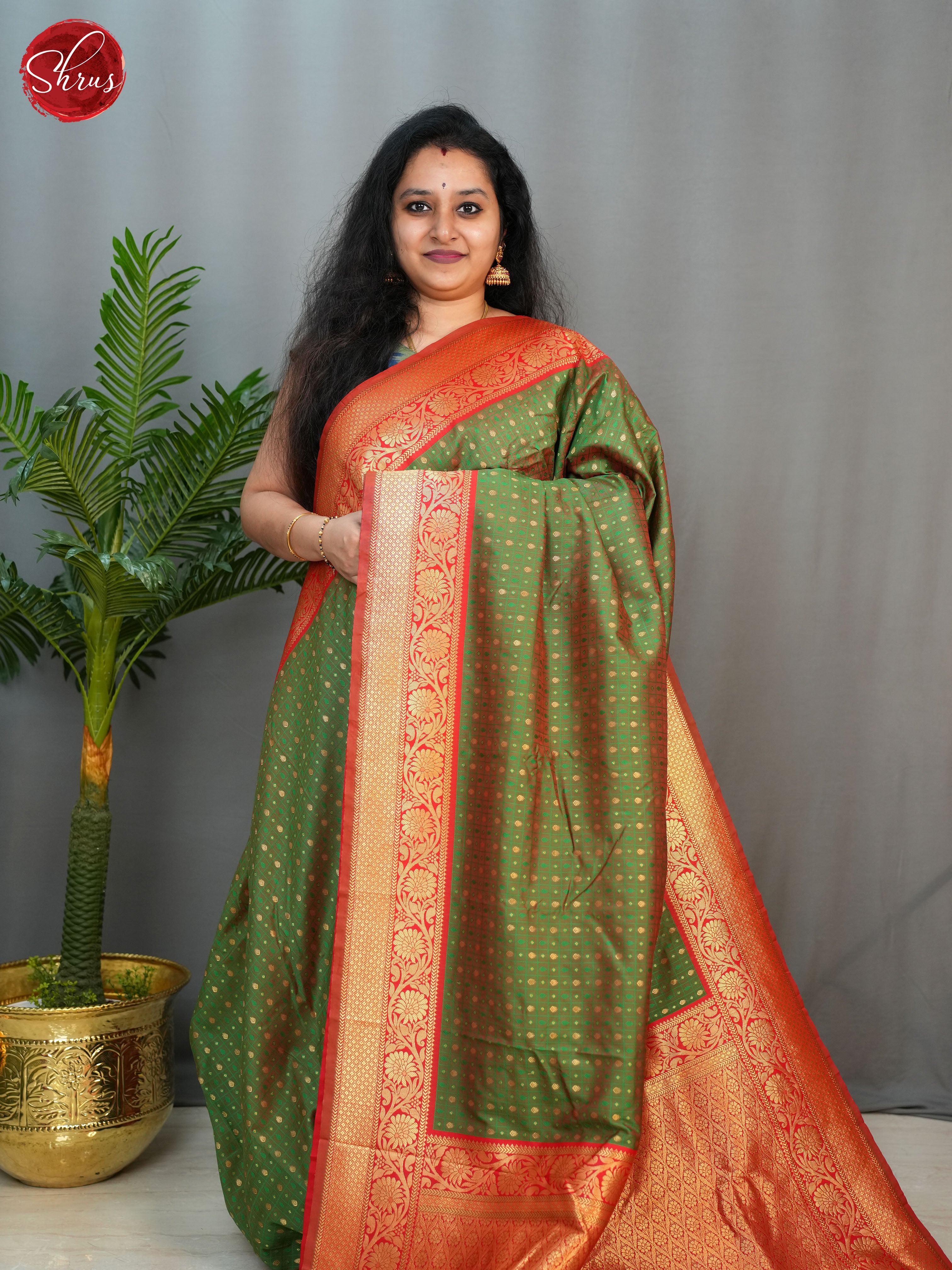 Green  & Brick - Semi Kanchipuram with Zari woven buttas  on the body &   Zari Border - Shop on ShrusEternity.com