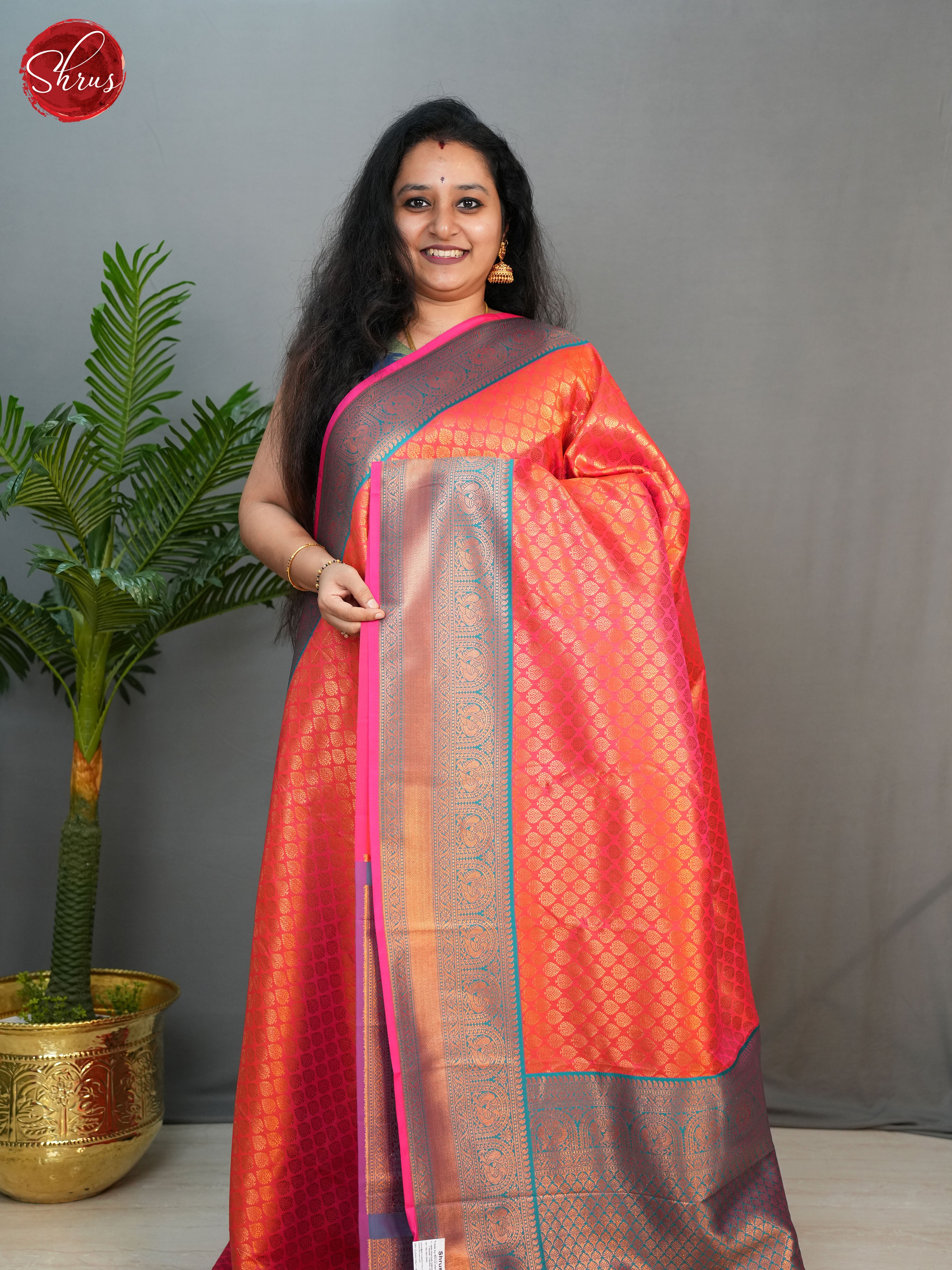 Salmon Pink & Violet -Semi Kanchipuram with Zari woven floral  brocade on the body &   Zari Border - Shop on ShrusEternity.com