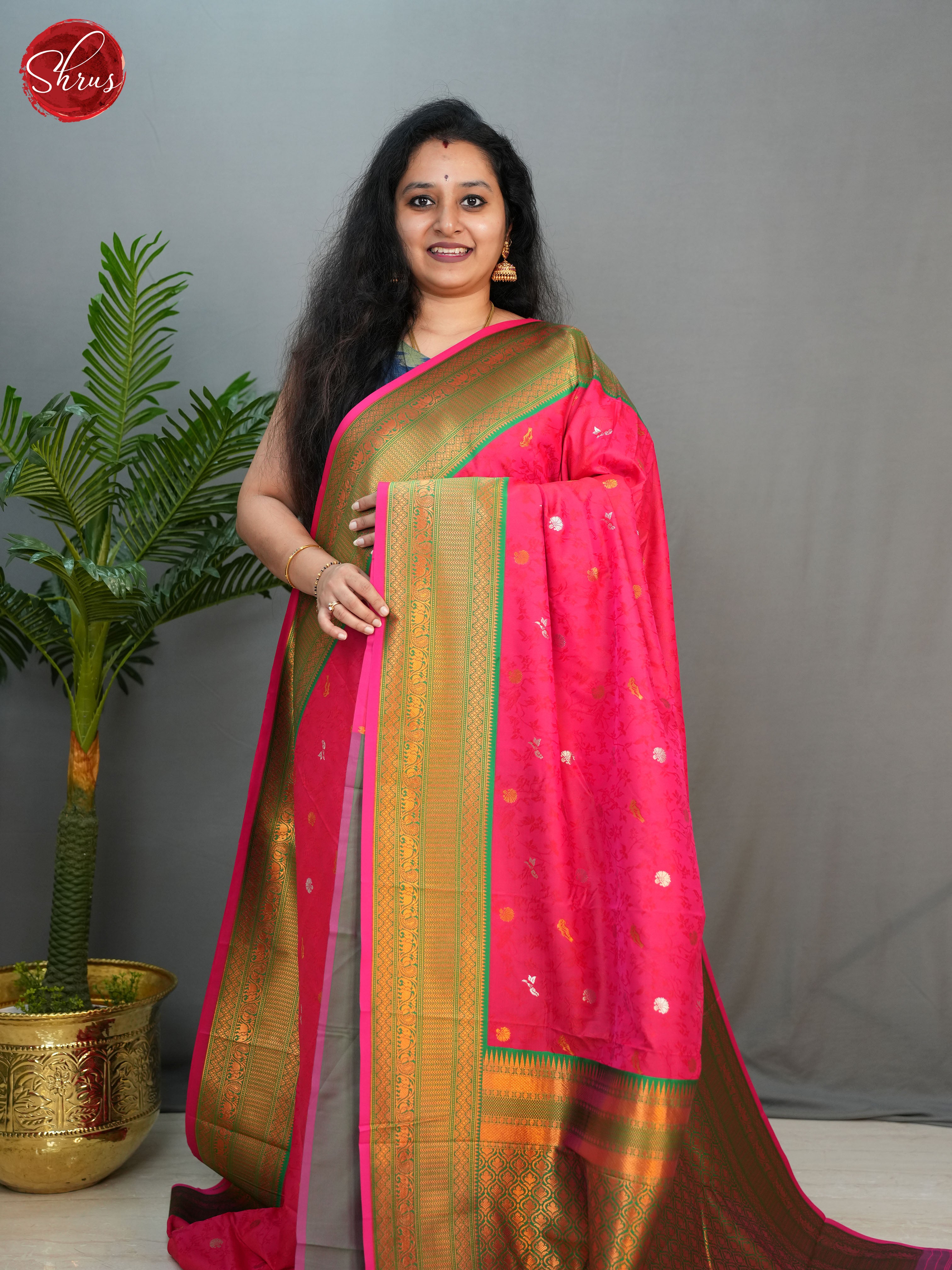 Pink & Green- Semi kanchipuram saree - Shop on ShrusEternity.com