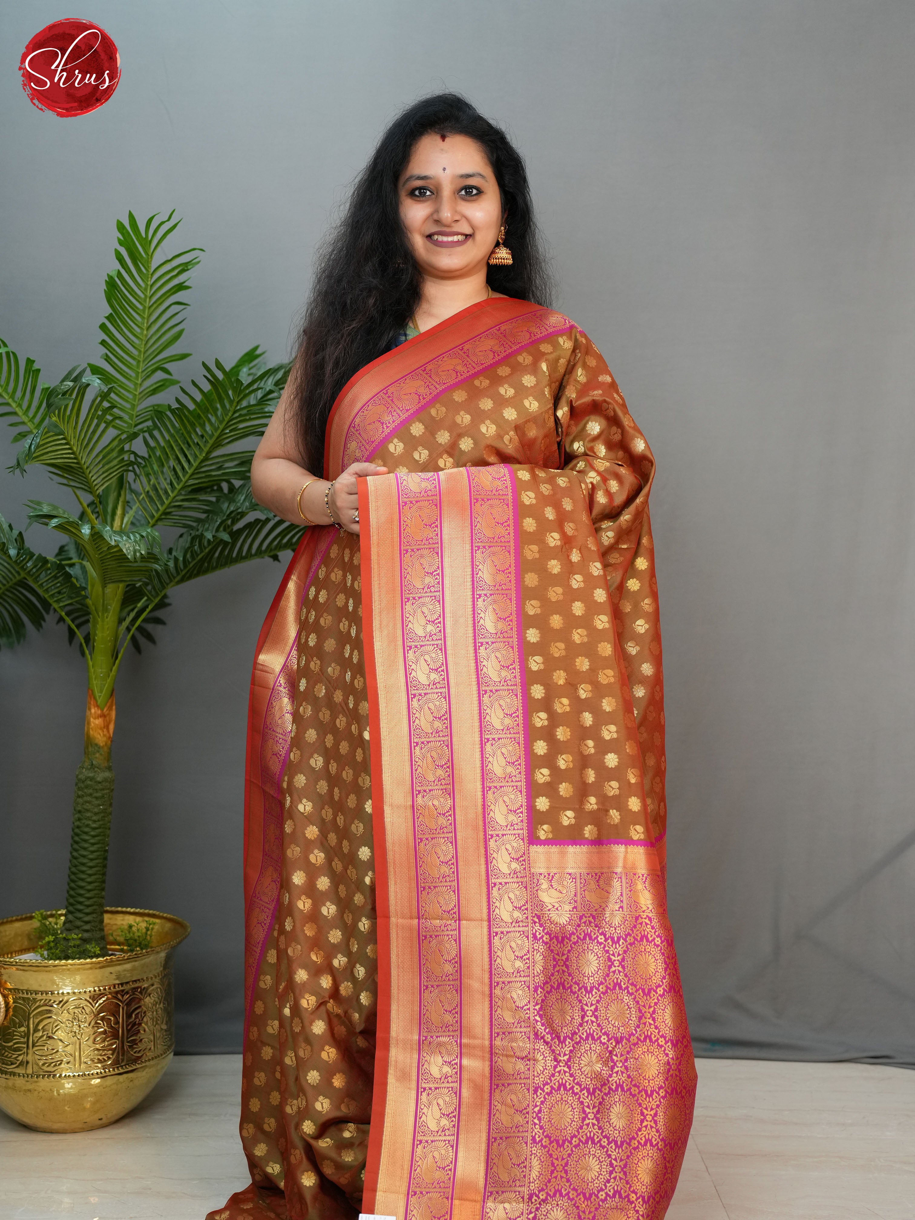 Double Shaded Brownish Green & Red  - Semi kanchipuram saree - Shop on ShrusEternity.com