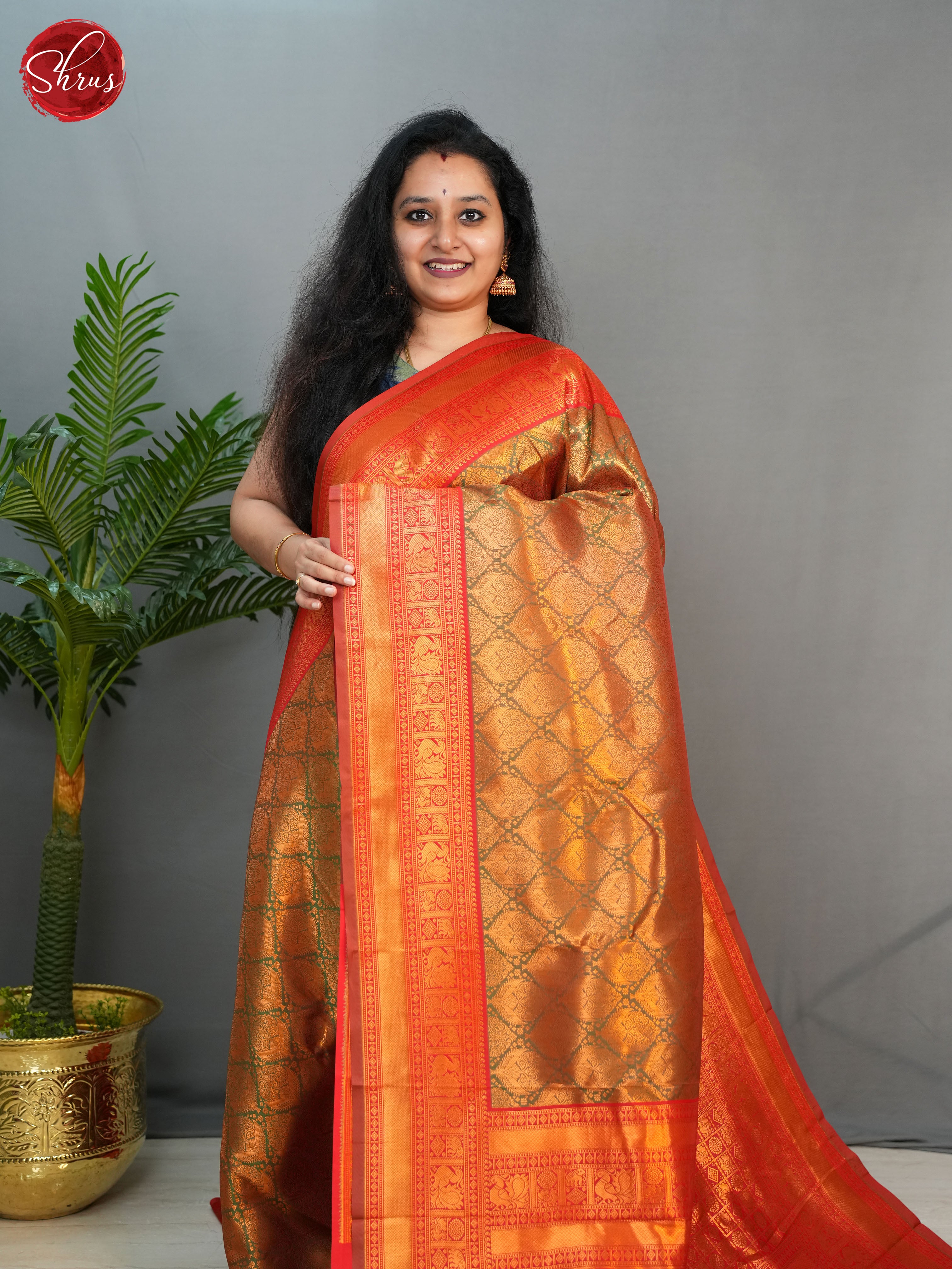 Greenish Brown & Red - Semi Kanchipuram Silk  with Zari woven   brocade   on the body &   Zari Border - Shop on ShrusEternity.com