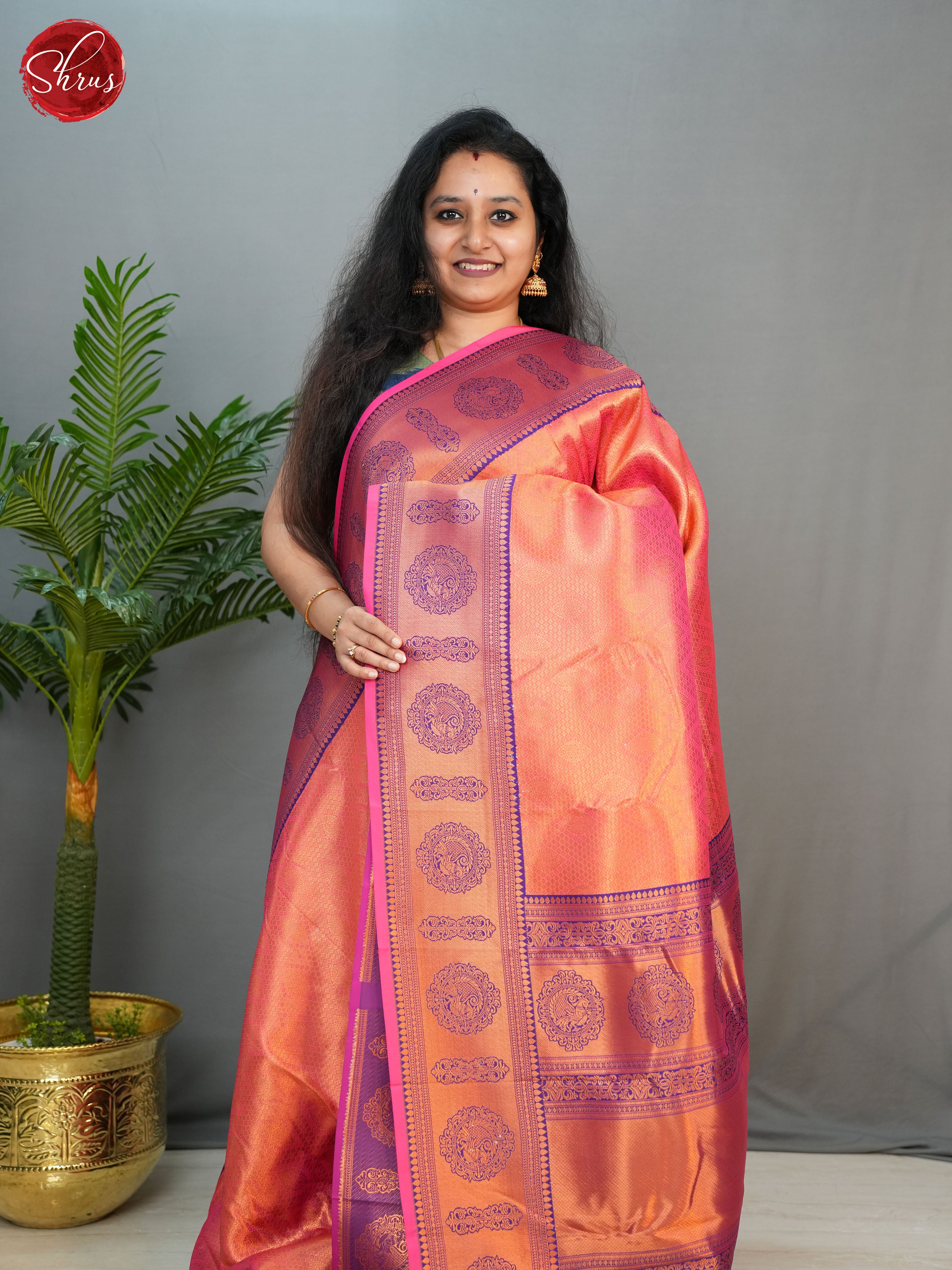 Orange & Purple - Semi Kanchipuram with Zari woven  brocade  on the body & Contrast Zari Border - Shop on ShrusEternity.com