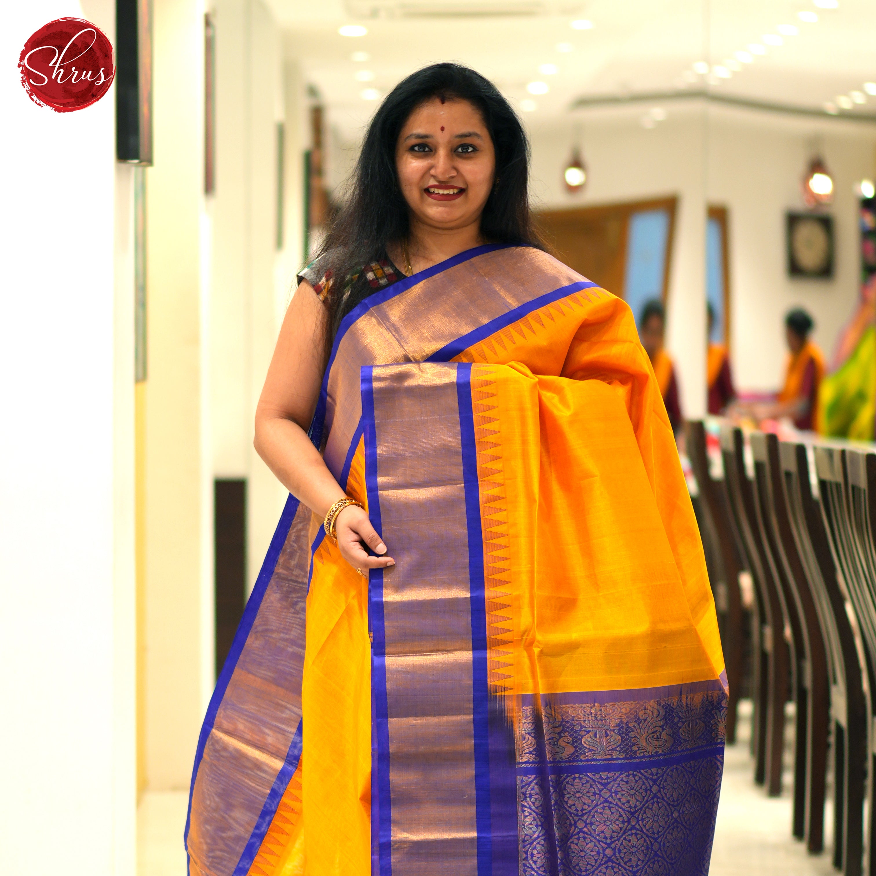 Yellow And Blue-Silk cotton saree - Shop on ShrusEternity.com