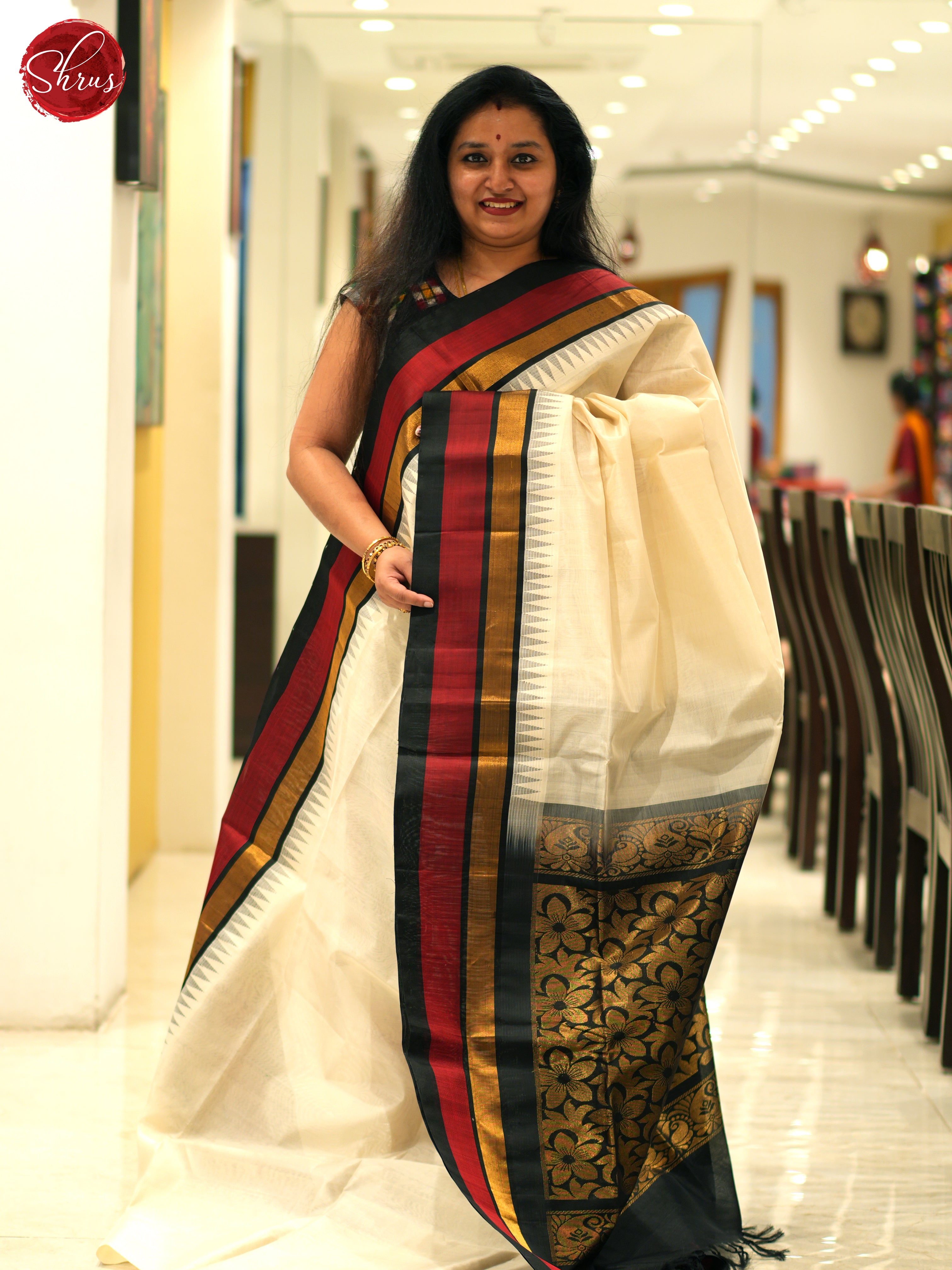 Cream And Black-Silk cotton saree - Shop on ShrusEternity.com