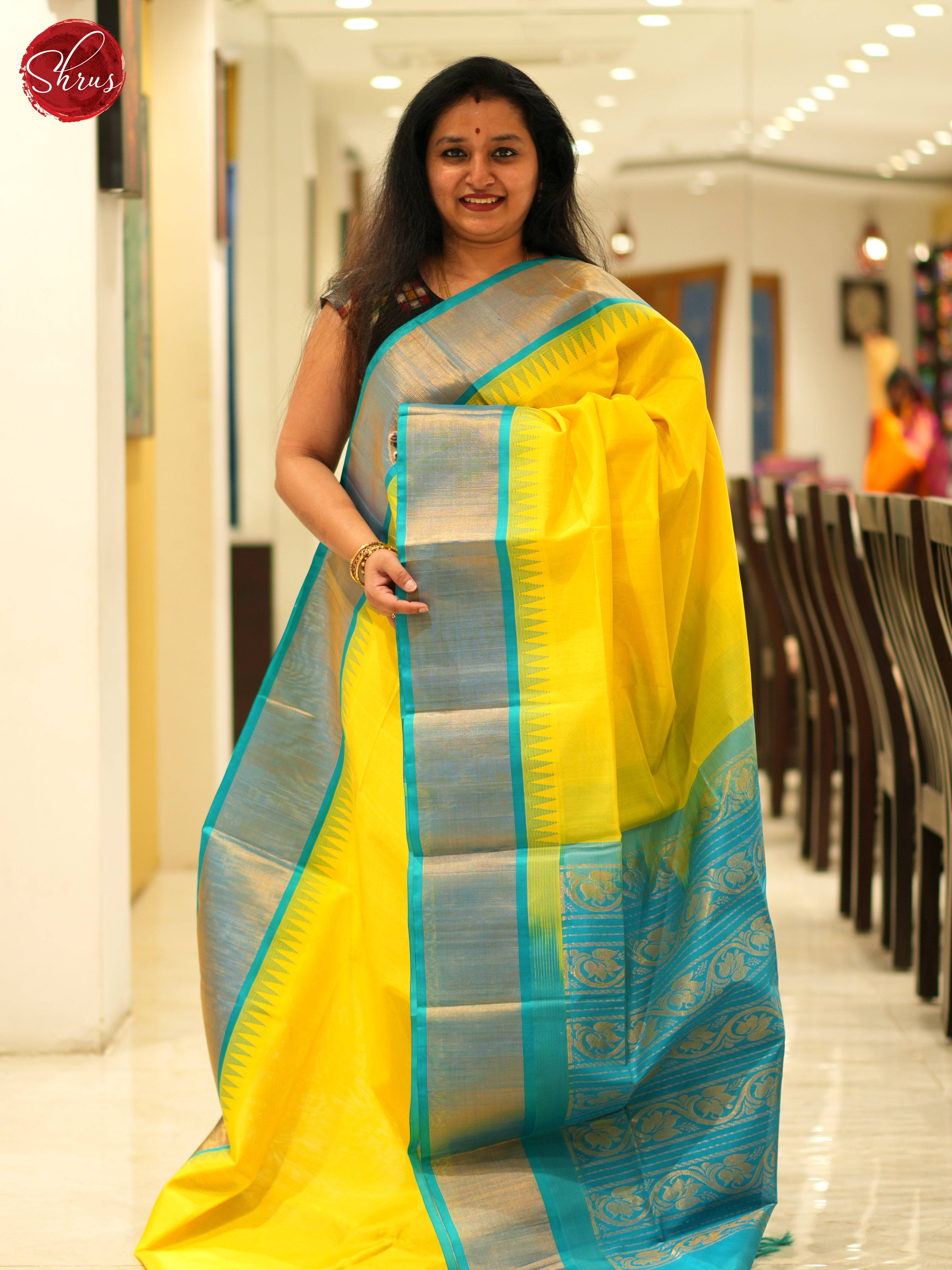 Lime And Blue-Silk Cotton saree - Shop on ShrusEternity.com