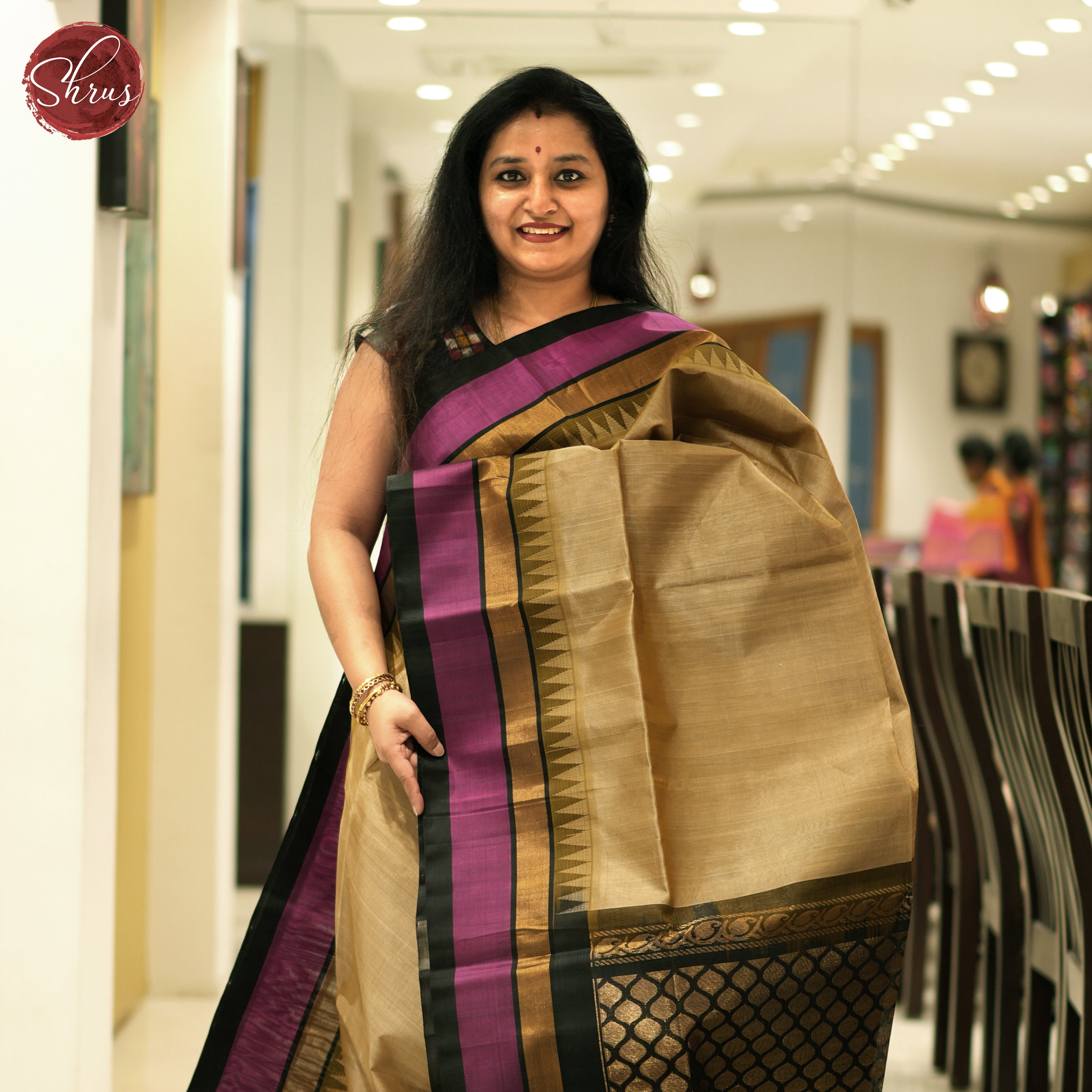 Double Shaded Dull Golden Beige And Black- SIlk COtton Saree - Shop on ShrusEternity.com