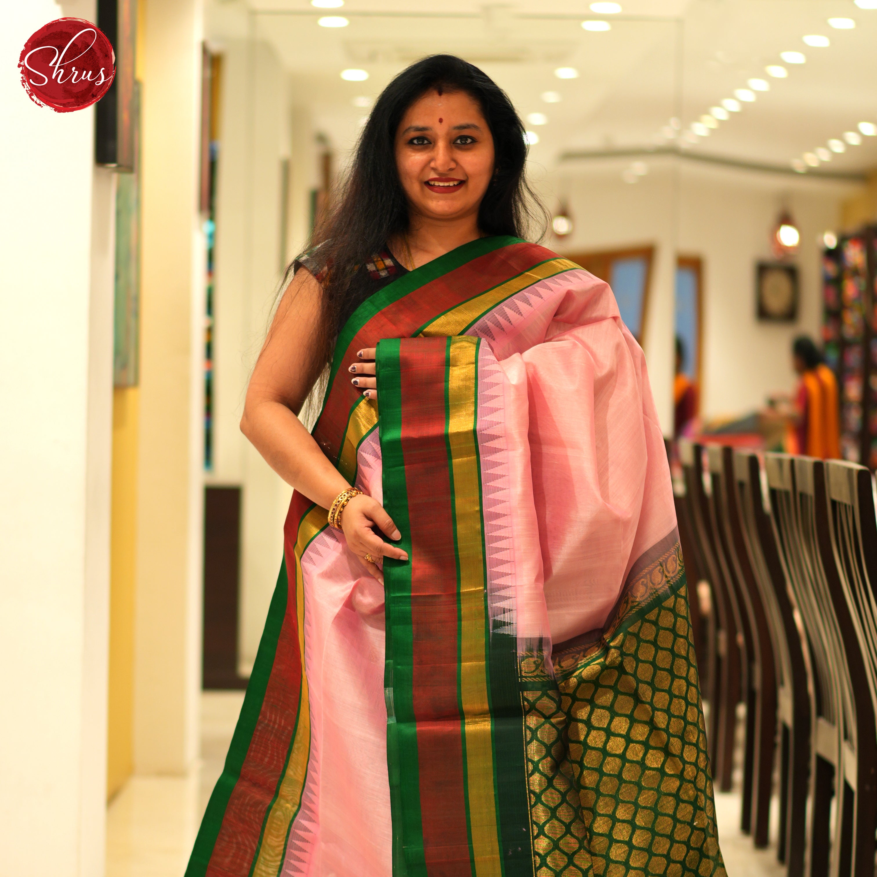 Pink And Green- Silk Cotton Saree - Shop on ShrusEternity.com