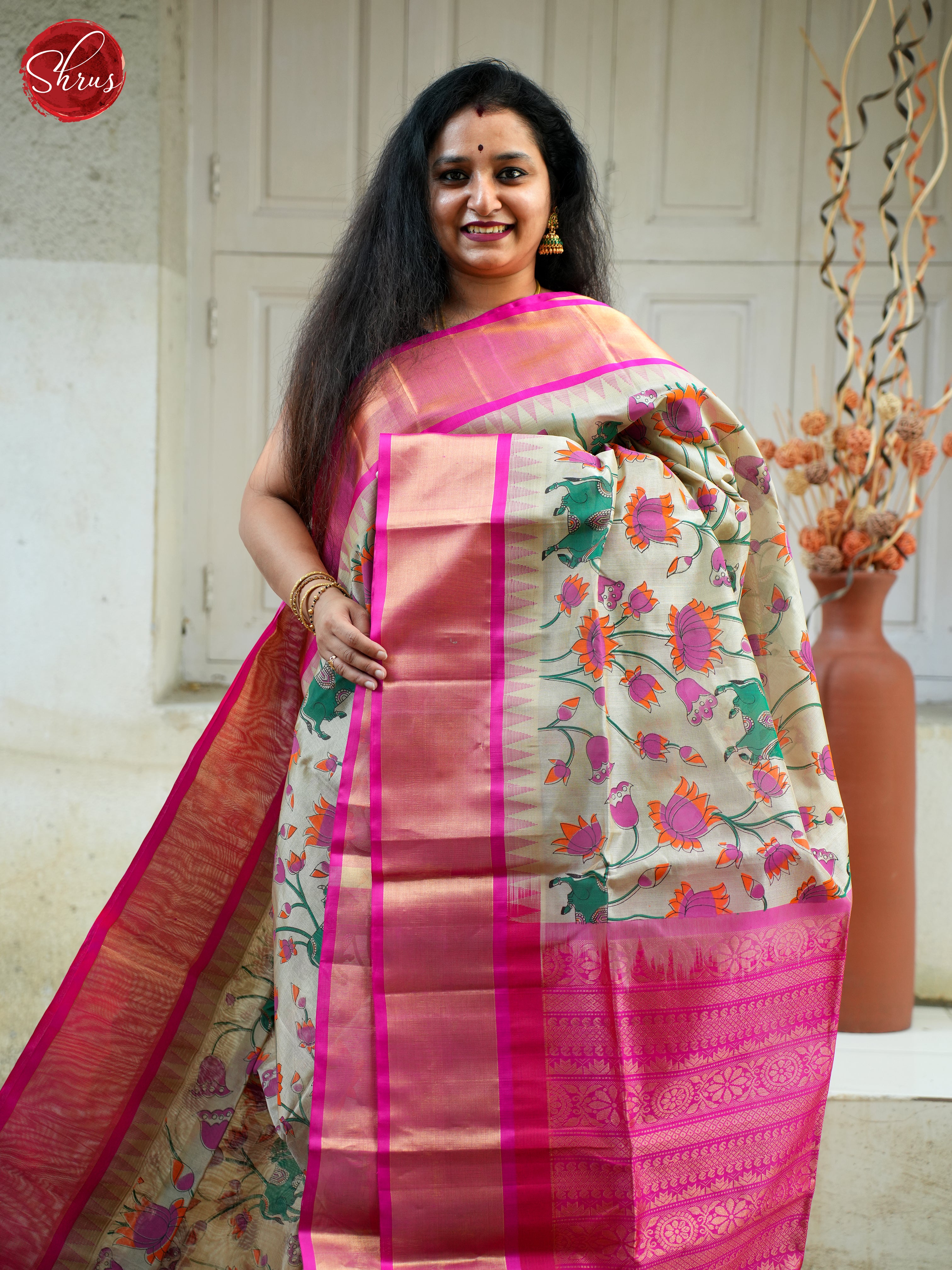 Cream & Pink - Silk Cotton Saree - Shop on ShrusEternity.com